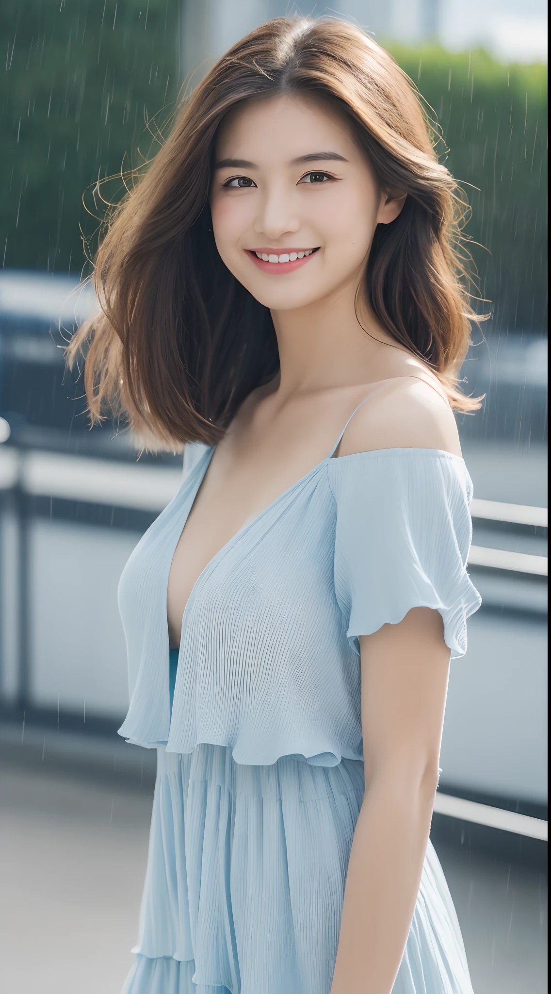 ((Best Quality, 8k, Masterpiece: 1.3)), Focus: 1.2, Perfect Body Beauty: 1.4, Buttocks: 1.2, ((Layered Haircut, Breasts: 1.2)), (Rain, Street:1.3), Bandeau Dress: 1.1, Highly Detailed Face and Skin Texture, Fine Eyes, Double Eyelids, Whitened Skin, Long Hair, (Shut Up: 1.3), Smile, Under Blue Sky and White Clouds, on the Vast Meadow