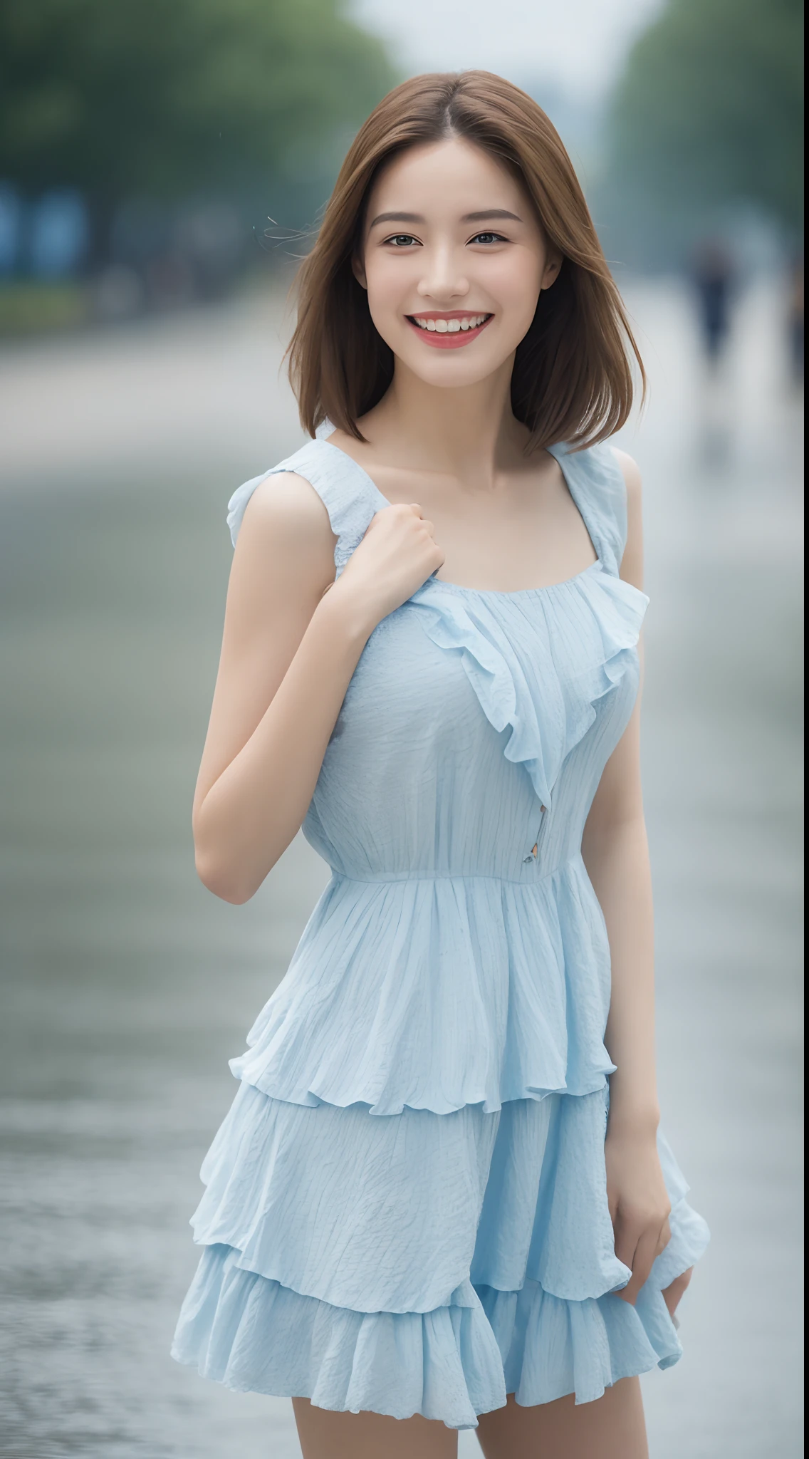 ((Best Quality, 8k, Masterpiece: 1.3)), Focus: 1.2, Perfect Body Beauty: 1.4, Buttocks: 1.2, ((Layered Haircut, Breasts: 1.2)), (Rain, Street:1.3), Bandeau Dress: 1.1, Highly Detailed Face and Skin Texture, Fine Eyes, Double Eyelids, Whitened Skin, Long Hair, (Shut Up: 1.3), Smile, Under Blue Sky and White Clouds, on the Vast Meadow
