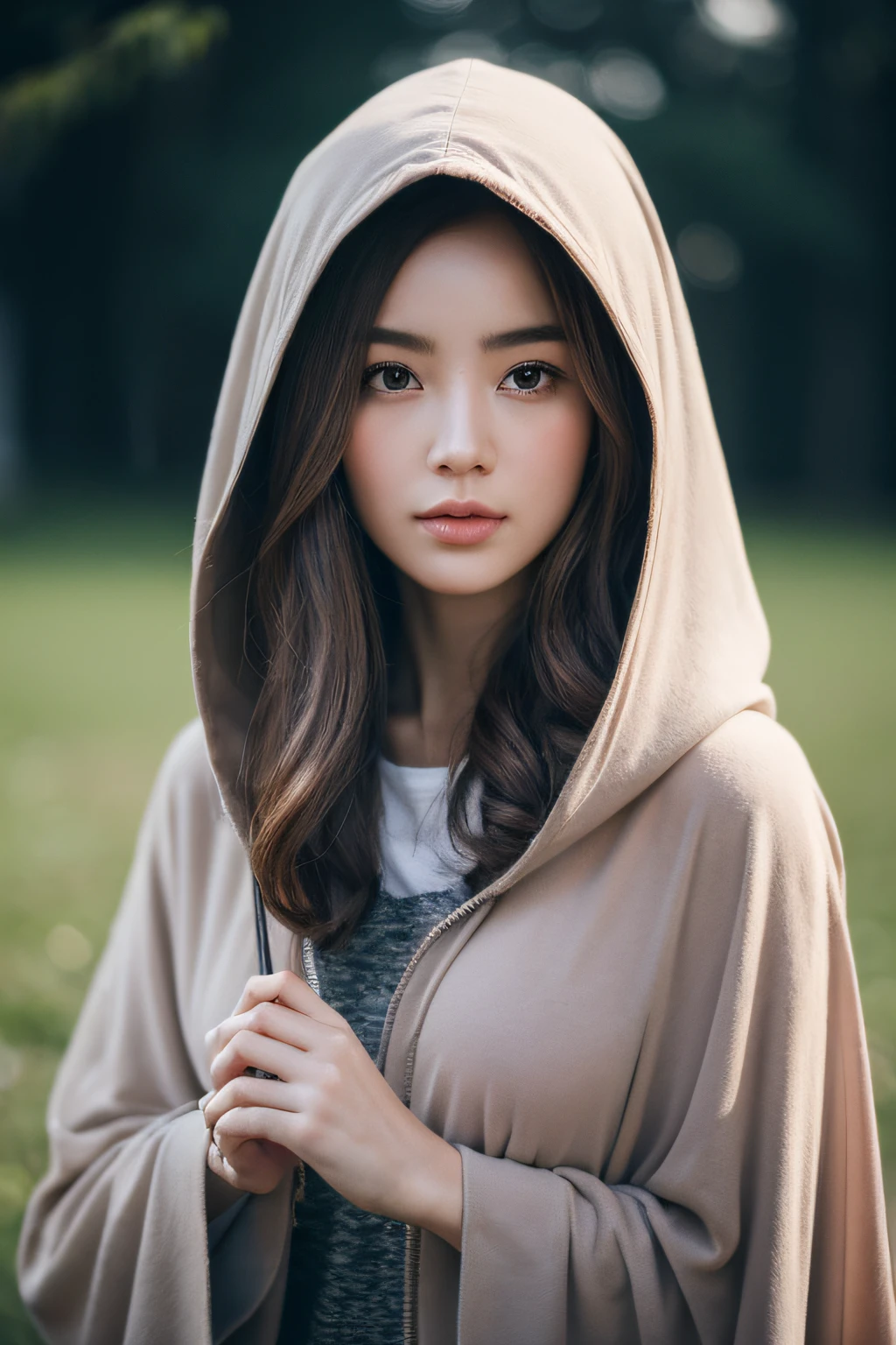 Cute hooded Grim Reaper shrouded in dark mist,Wielding a scythe,Emerge from the swirling shadows.Stand in the Cemetery of Forgotten Souls.(Light brown and light pink striped hair:1.3,),Perfect face,Proper body proportion,masutepiece,Super high-quality output images,超A high resolution,Intricate details,Very delicate and beautiful hair,photographrealistic,Dreamy,Professional Lighting,realistic shadow,Solo Focus,Beautiful hands,Beautiful fingers,Detailed finger features,detailed clothes features,Detailed hair features,detailed facial features,