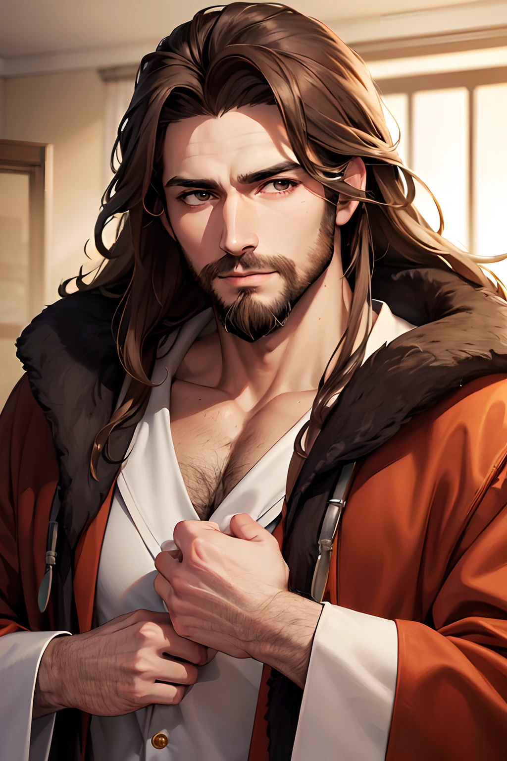 (broad shouldered man,long brown hair,short beard,wearing bathrobe),[portrait](best quality:1.2),[detailed],[Vibrant colors],[soft lighting]