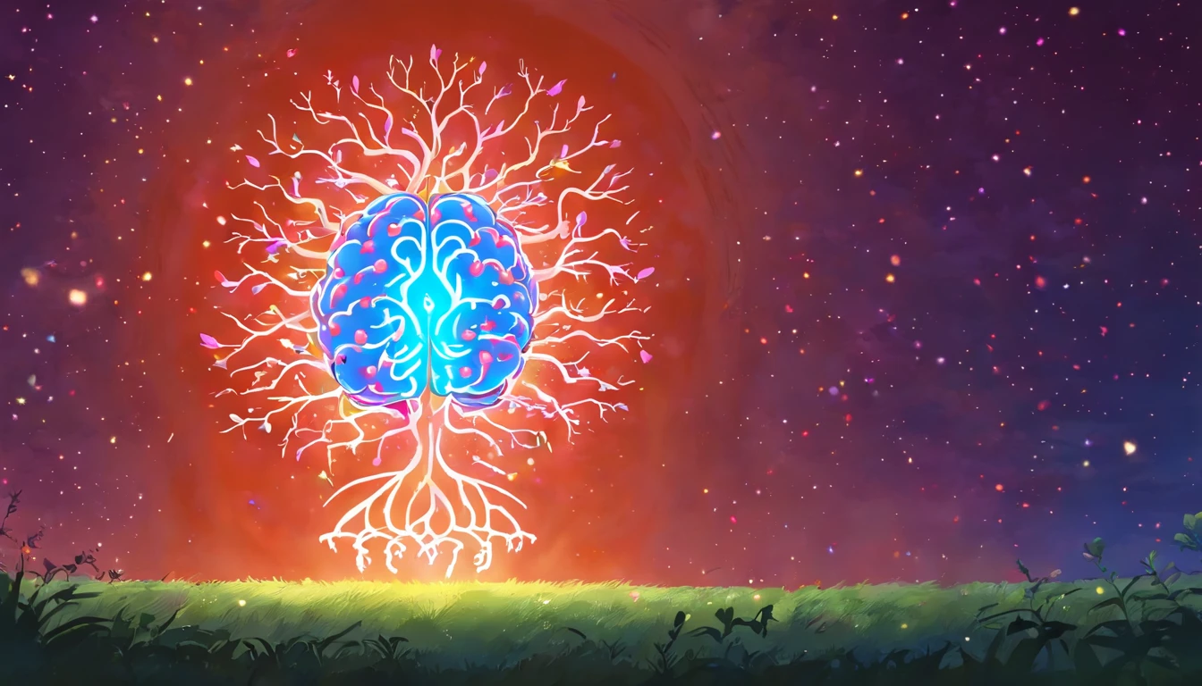 Silhouette or image of a brain with a bright dot in the center representing cognition or insight, complementado por elementos que simbolizam o conhecimento e a aprendizagem, like books or a light bulb.