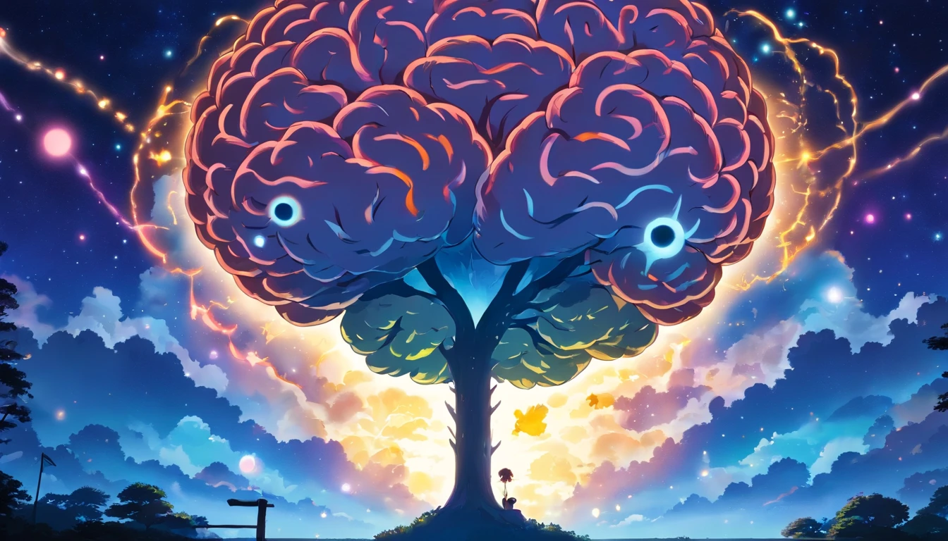 Silhouette or image of a brain with a bright dot in the center representing cognition or insight, complementado por elementos que simbolizam o conhecimento e a aprendizagem, like books or a light bulb.