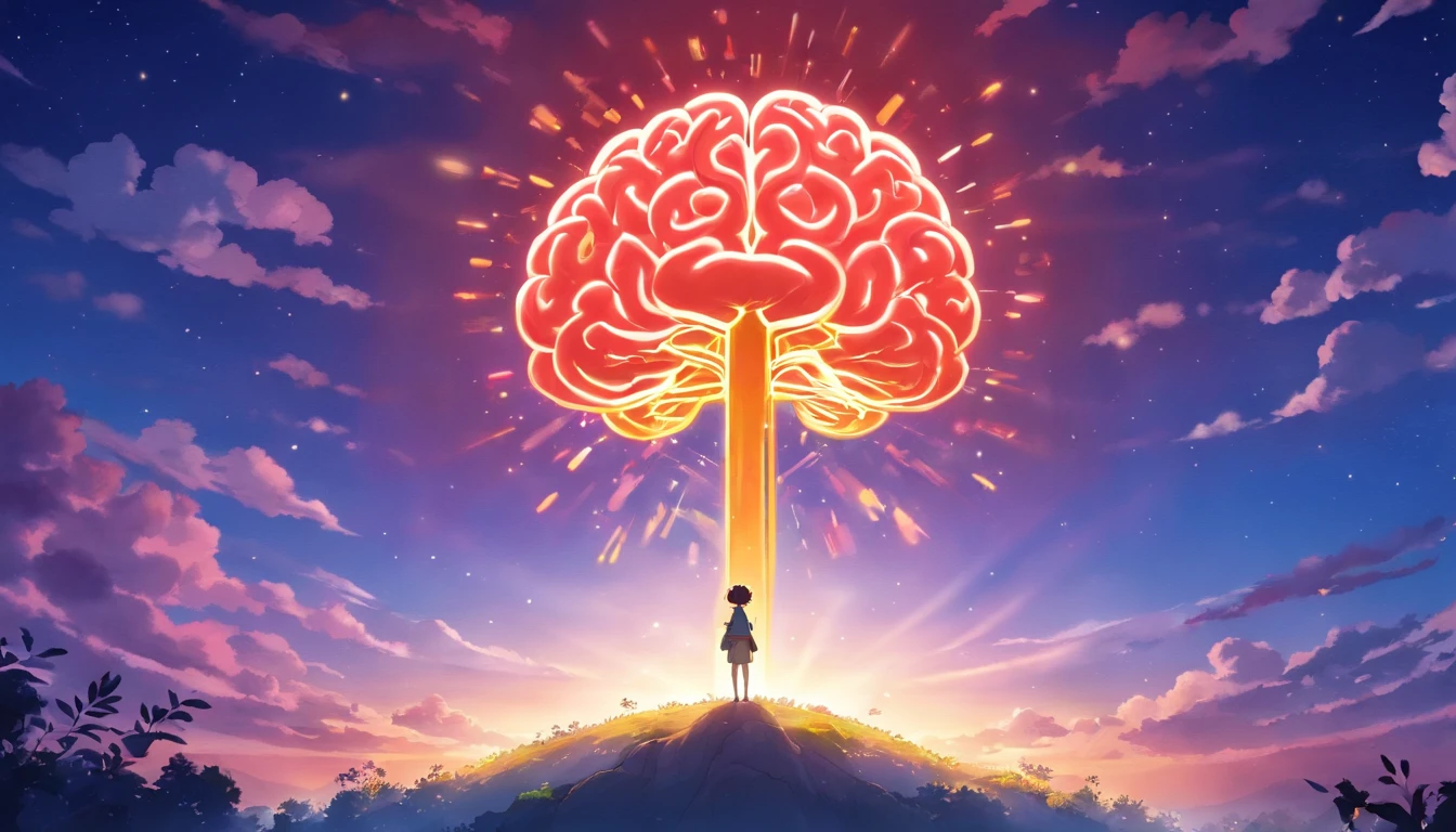 Silhouette or image of a brain with a bright dot in the center representing cognition or insight, complementado por elementos que simbolizam o conhecimento e a aprendizagem, like books or a light bulb.