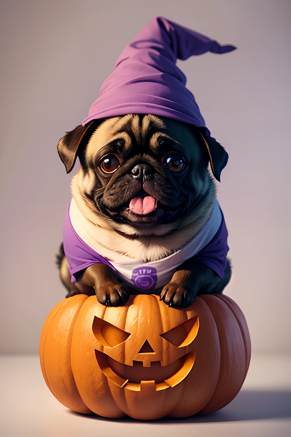 t-shirt design, minimalist, A happy pug dog inside a carved pumpkin, with just its head popping out, wearing a tiny purple witch hat.