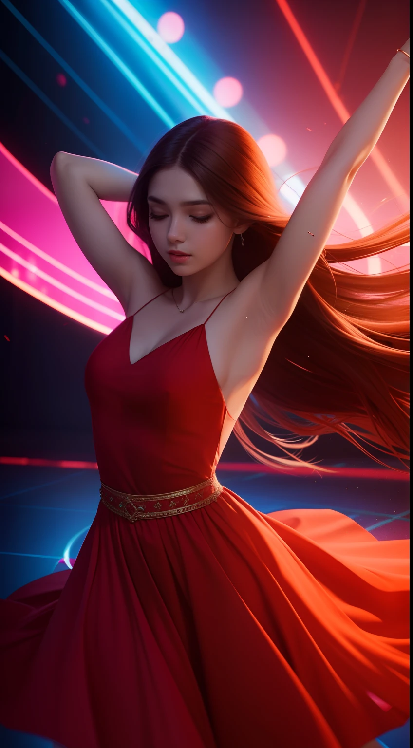 A beautiful girl dancing in a colorful place, beautiful red dresses, long brown hair, cinematic, volumetric lighting, high quality, 8k, super details