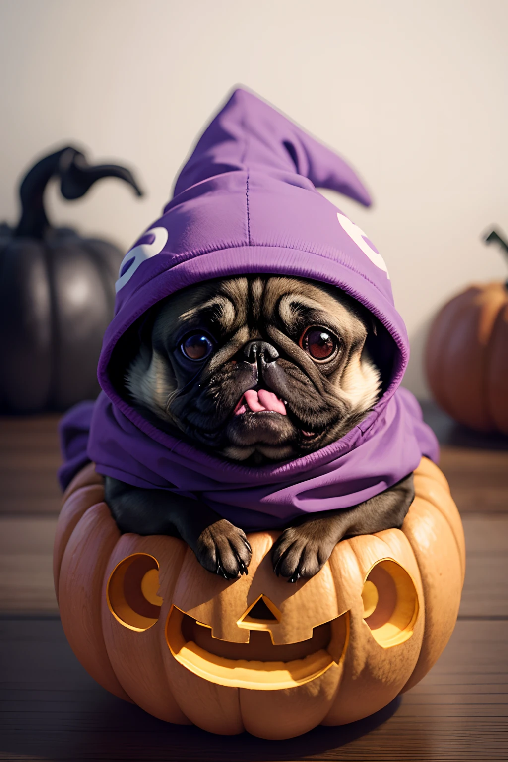 t-shirt design, minimalist, A happy pug dog inside a carved pumpkin, with just its head popping out, wearing a tiny purple witch hat.
