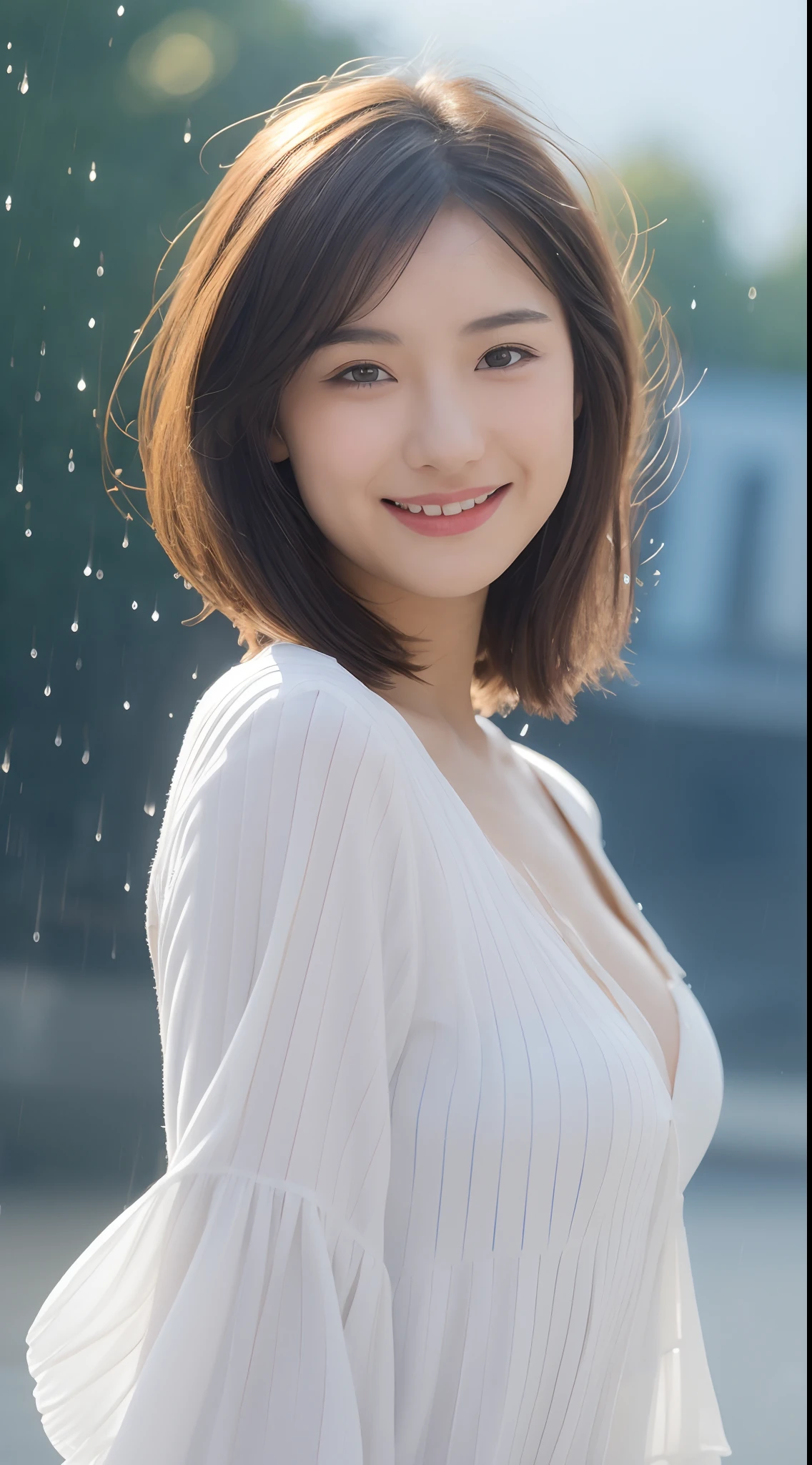 ((Best Quality, 8k, Masterpiece: 1.3)), Focus: 1.2, Perfect Body Beauty: 1.4, Buttocks: 1.2, ((Layered Haircut, Breasts: 1.2)), (Rain, Street:1.3), Bandeau Dress: 1.1, Highly Detailed Face and Skin Texture, Fine Eyes, Double Eyelids, Whitened Skin, Long Hair, (Shut Up: 1.3), Smile, Under Blue Sky and White Clouds, on the Vast Meadow