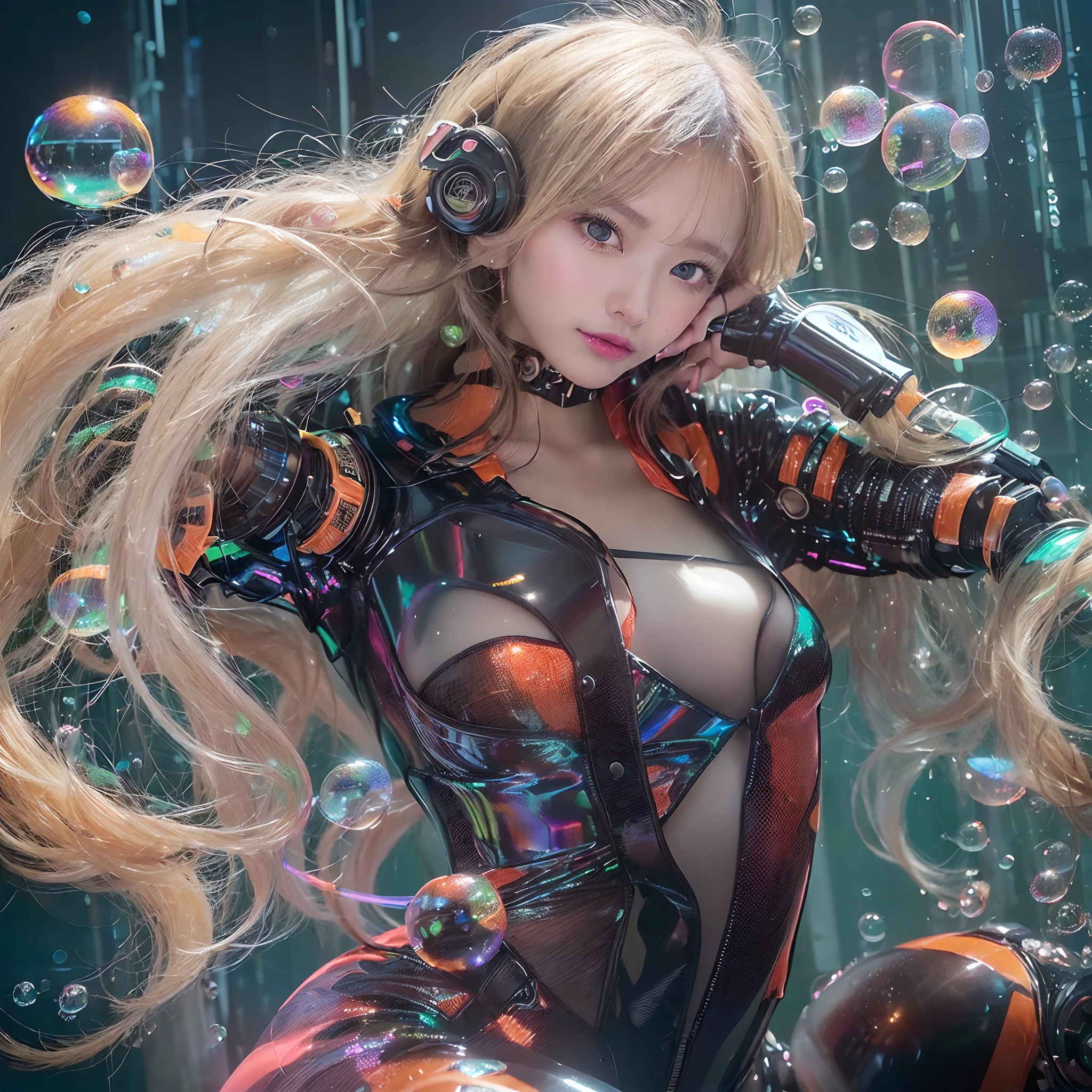 (((Girl's perfect portrait shot))), ((Very long flowing fluorescent cyberpunk hair)), Best quality, Masterpiece, Super high resolution, (Fidelity: 1.4), Photo, (( (One Beautiful Woman))) Dim, Movie, (Transparent Futuristic Red Costume: 1.5), (Translucent Clothes: 1.4), ((Cyberpunk)), Cybero AI, ((Robot)), Future Target, (((Big breasts and slender legs) ))), ((Perfect and sharp face)), ((Blonde Japanese)), (((Dynamic shot))), ((Perfect body)) , ((Award-winning ultra-realistic photography)), (((Extraordinary Photography) Highly reflective glossy transparent latex))) Textured, high-contrast color backgrounds, colorful and vibrant full of, ((gorgeous, perfect multicolored reflective eyes)), (soap bubbles)), ((lots of soapy bubbles of different sizes))