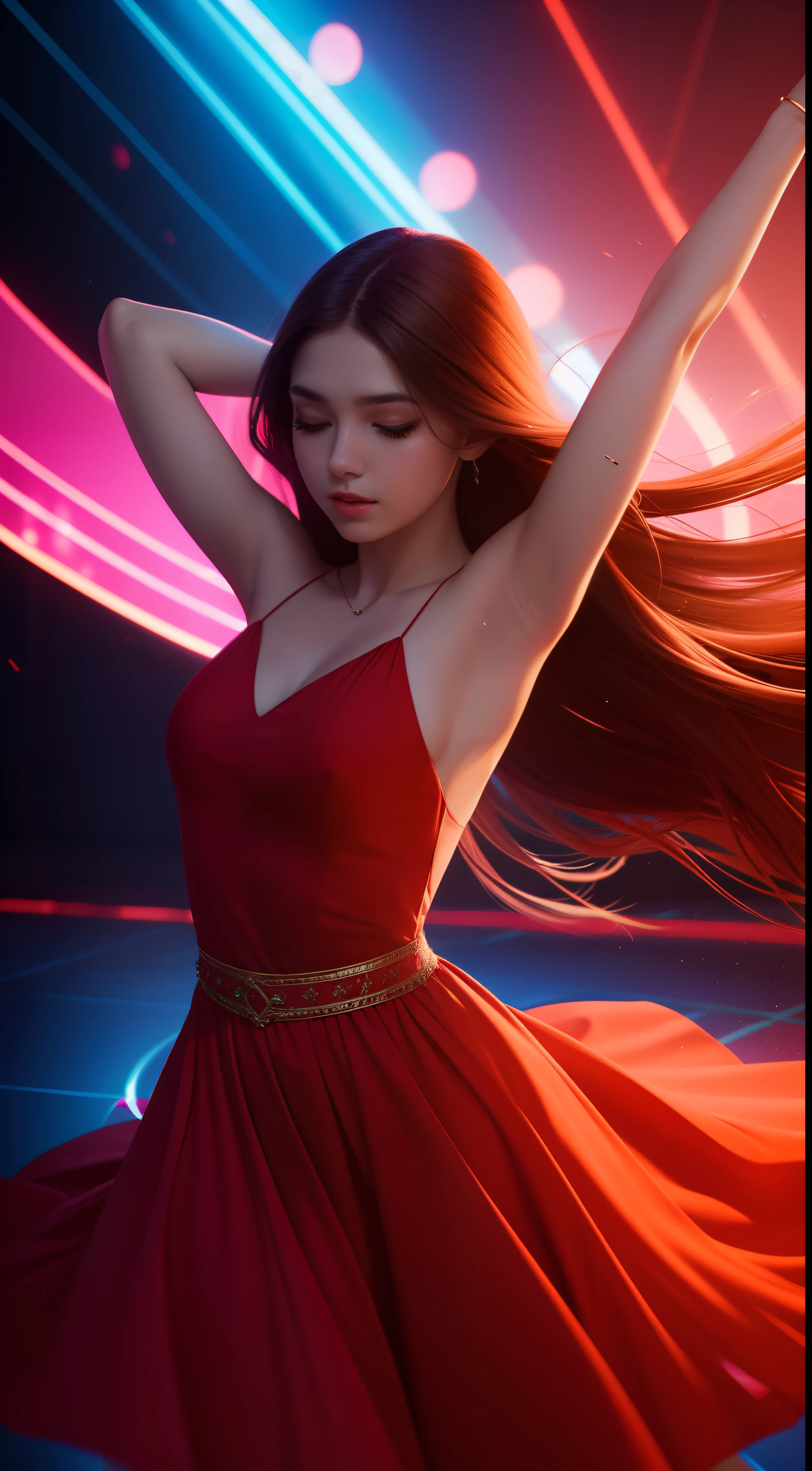 1girl,choker,cropped jacket,hair bow,bracelet,pink dress,brown boots,very long hair,strapless red dress,high heels,solo,abstract backrground,polar forest,