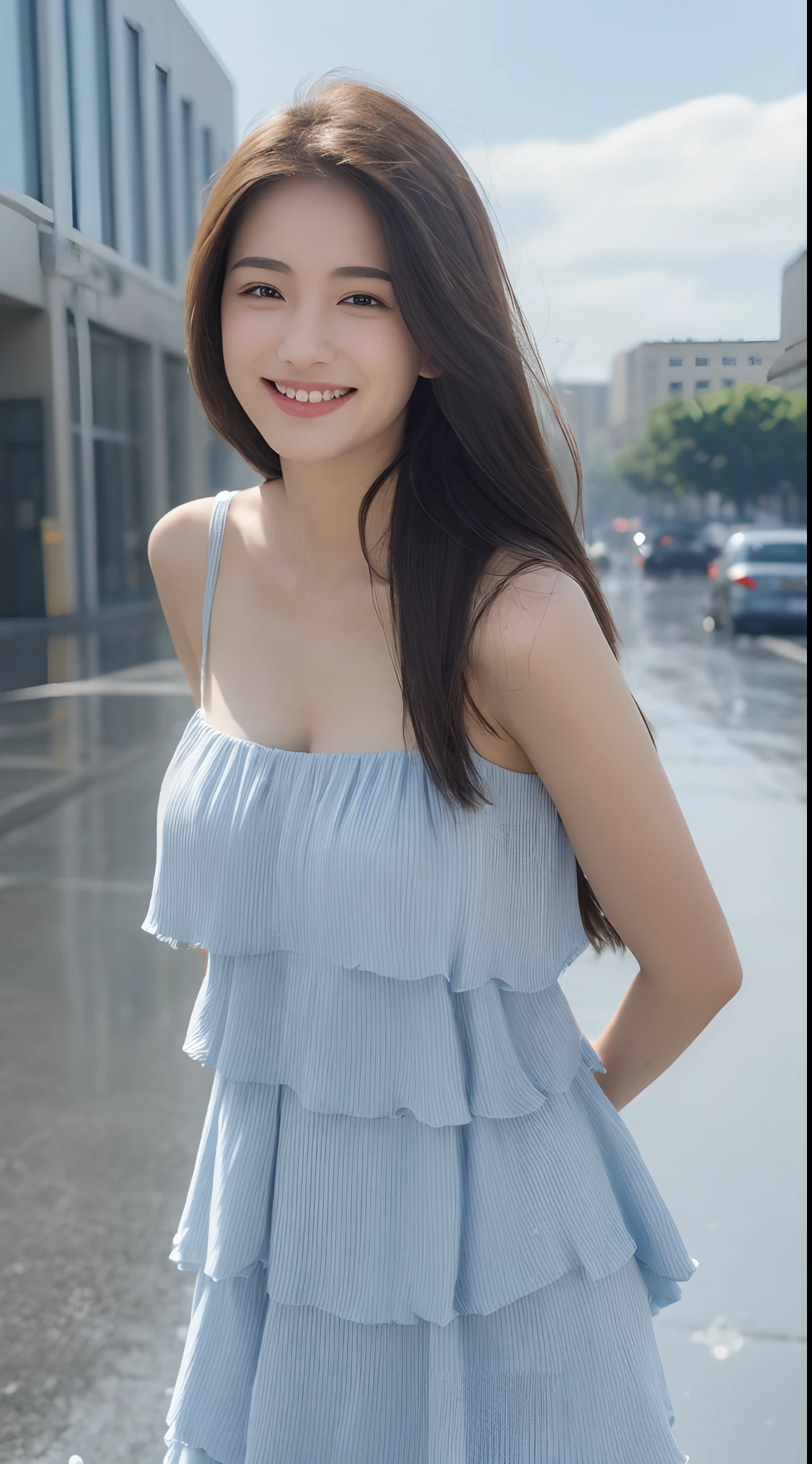 ((Best Quality, 8k, Masterpiece: 1.3)), Focus: 1.2, Perfect Body Beauty: 1.4, Buttocks: 1.2, ((Layered Haircut, Breasts: 1.2)), (Rain, Street:1.3), Bandeau Dress: 1.1, Highly Detailed Face and Skin Texture, Fine Eyes, Double Eyelids, Whitened Skin, Long Hair, (Shut Up: 1.3), Smile, Under Blue Sky and White Clouds, on the Vast Meadow