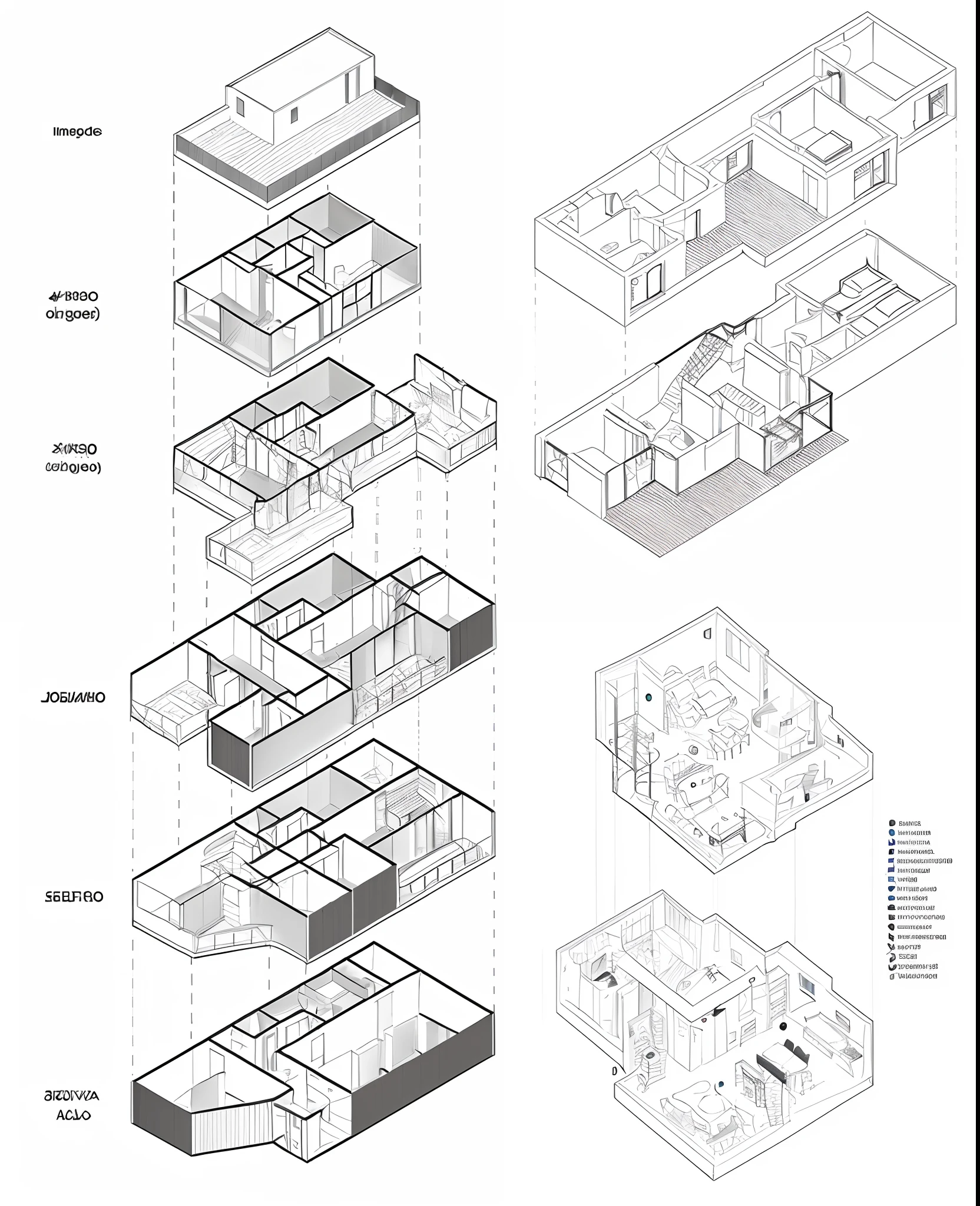 Un diagrama de una casa con una escalera y una sala de estar, axonometric drawings, axonometric, Exploited axonometric view, isometric drawing, Isometric views, Isometric, Arquitectura de la vivienda, Isometric spelling, 2 d axonometric overhead view, isometric perspective view, isometric style, by João Artur da Silva