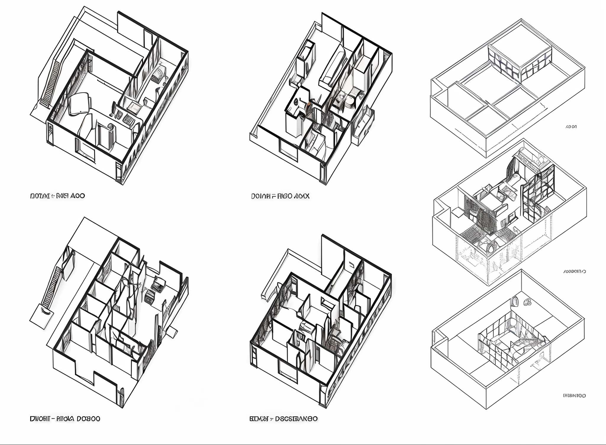 Un grupo de cuatro dibujos de una casa con cocina, lounge, y comedor, axonometric drawings, Isometric views, Exploited axonometric view, axonometric, isometric drawing, 2 d axonometric overhead view, Habitaciones segmentadas aleatoriamente, Residential design, Architectural concept diagram, isometric perspective view, Orthographic 3D rendering