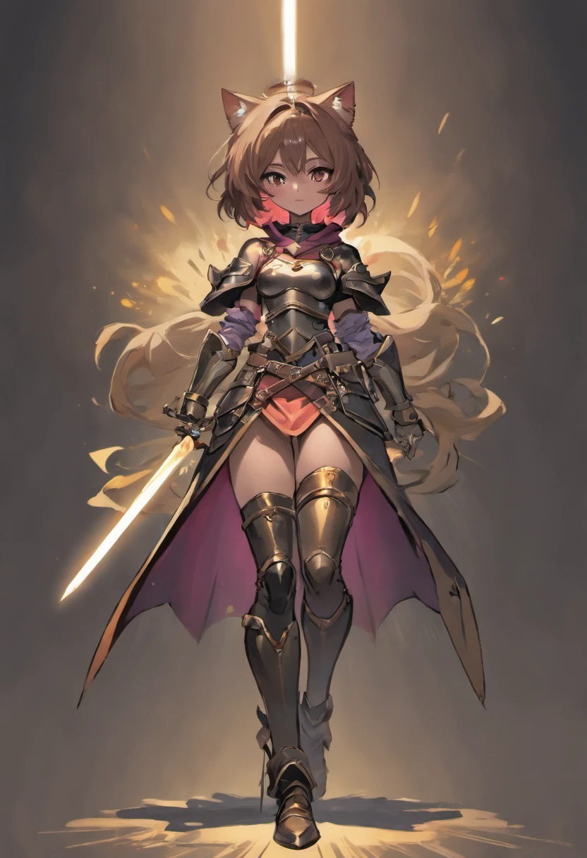 brown skin girl. Her figure, busty, curvy, proper direction, bunny ears, cat tail, Magenta hair color, dark magenta eyes, brown skin, sword in hand, large ragged cloth like cape wrapped around waist, chest armor, gauntlet, black long sleeve shirt under armor, chest armor, hoodie, properly drawn sword, magic sword, cloth wrapped around her waist, properly drawn sword in hand, bunny ears, cat's tail digital painting, digital illustration, extreme detail, digital art, goth, pastel goth, eyeliner, tattoo.