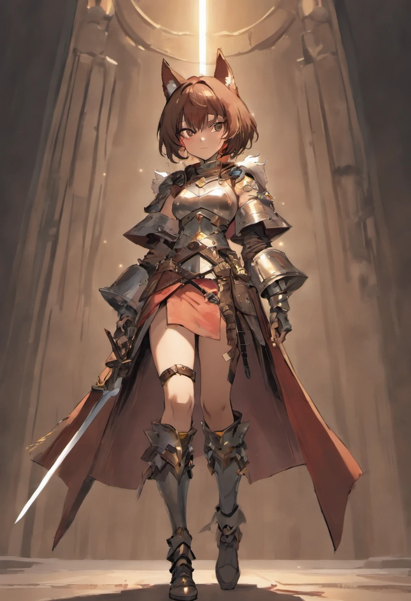 brown skin girl. Her figure, busty, curvy, proper direction, bunny ears, cat tail, short purple hair color, dark magenta eyes, brown skin, sword in hand, large ragged cloth like cape wrapped around waist, chest armor, gauntlet, black long sleeve shirt under armor, chest armor, hoodie, properly drawn sword, longsword, cloth wrapped around her waist, properly drawn sword in hand, cat ears, cat's tail digital painting, digital illustration, extreme detail, digital art, Knight Armor, baggy puffy pants, metal boots, fully armored. cloth wrapped around her waist. Holding a sword in hand.