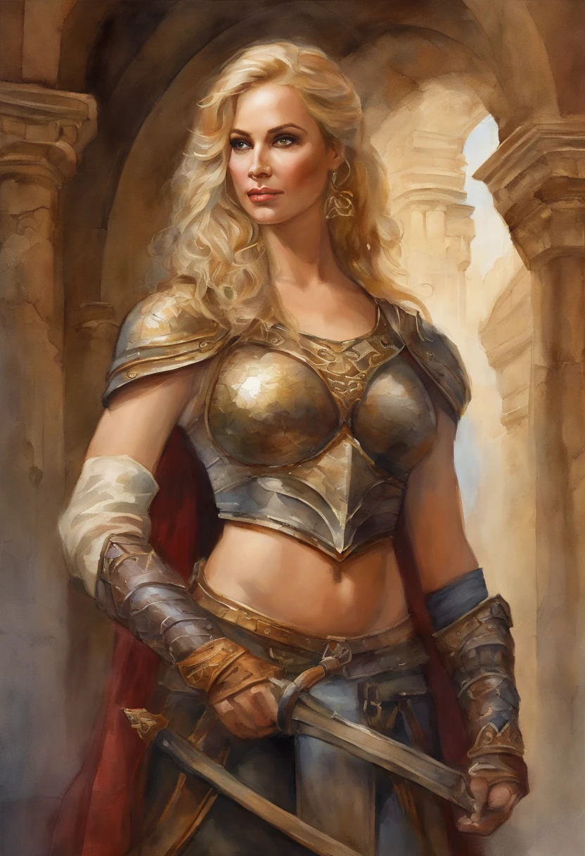 Apenas a [1 woman] , sex, blonde hair, giant chest, (chiselled abdomen), (dark skin), ( armor), inside a castle