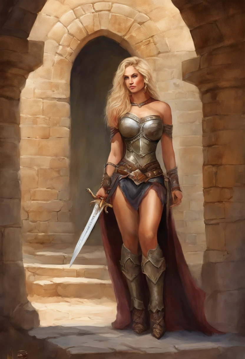 Apenas a [1 woman] , sex, blonde hair, giant chest, (chiselled abdomen), (dark skin), ( armor), inside a castle