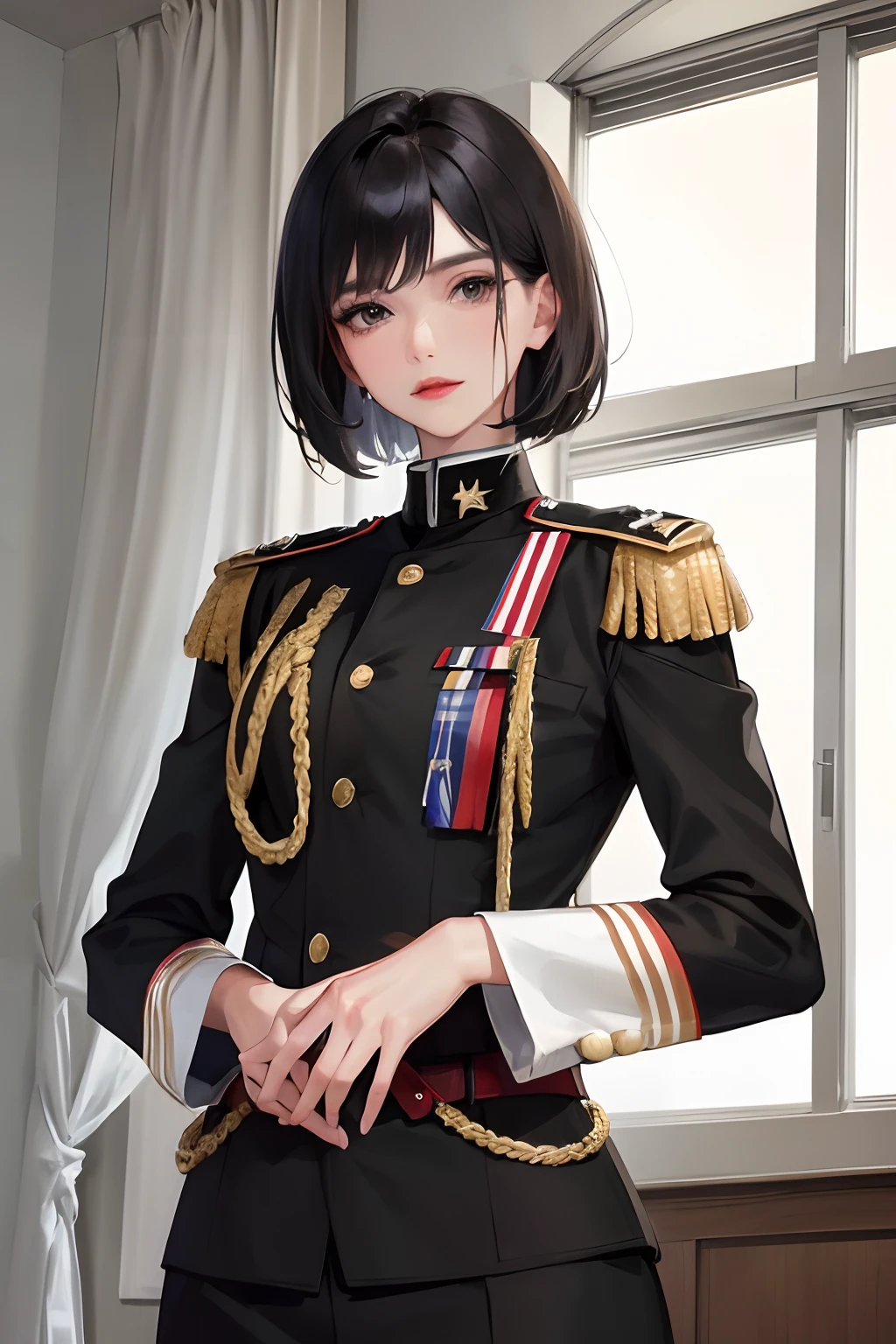 (highest resolution, distinct_image) The best quality, a woman, masterpiece, highly detailed, semi realistic, black short hair, black hair, bangs, black eyes, 21 years old, shoulder length hair, mature, red lips, black clothes, black uniforms, military uniforms, military academies, beautiful, heroic, heroic, indoor background, delicate facial features, delicate facial features