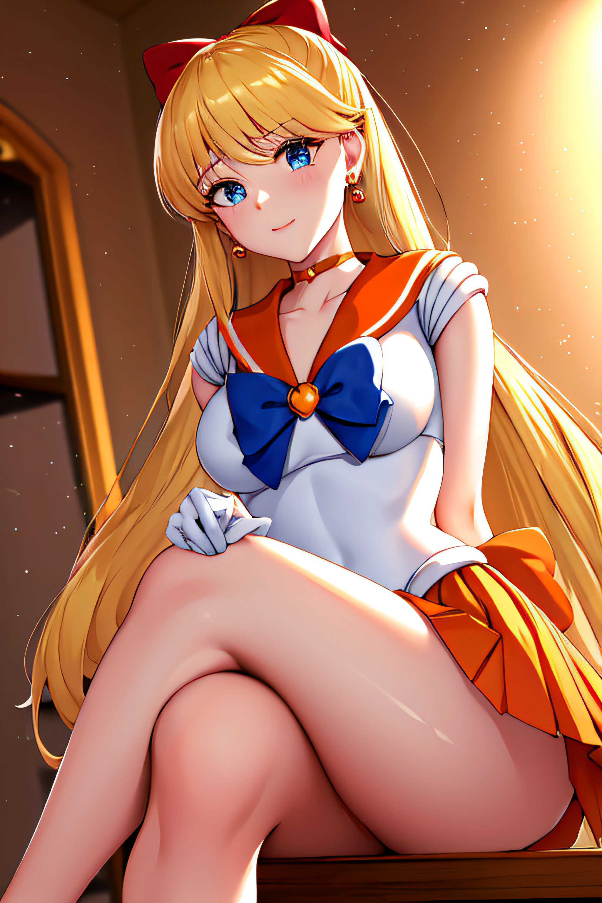 masterpiece, best quality, highres, venus1, 1girl, solo, sailor senshi uniform, sailor venus, aino minako, blonde hair, magical girl, blue eyes, orange skirt, elbow gloves, tiara, pleated skirt, hair bow, orange sailor collar, miniskirt, choker, red bow, orange choker, white gloves, very long hair, jewelry, earrings, sitting, crossed legs,