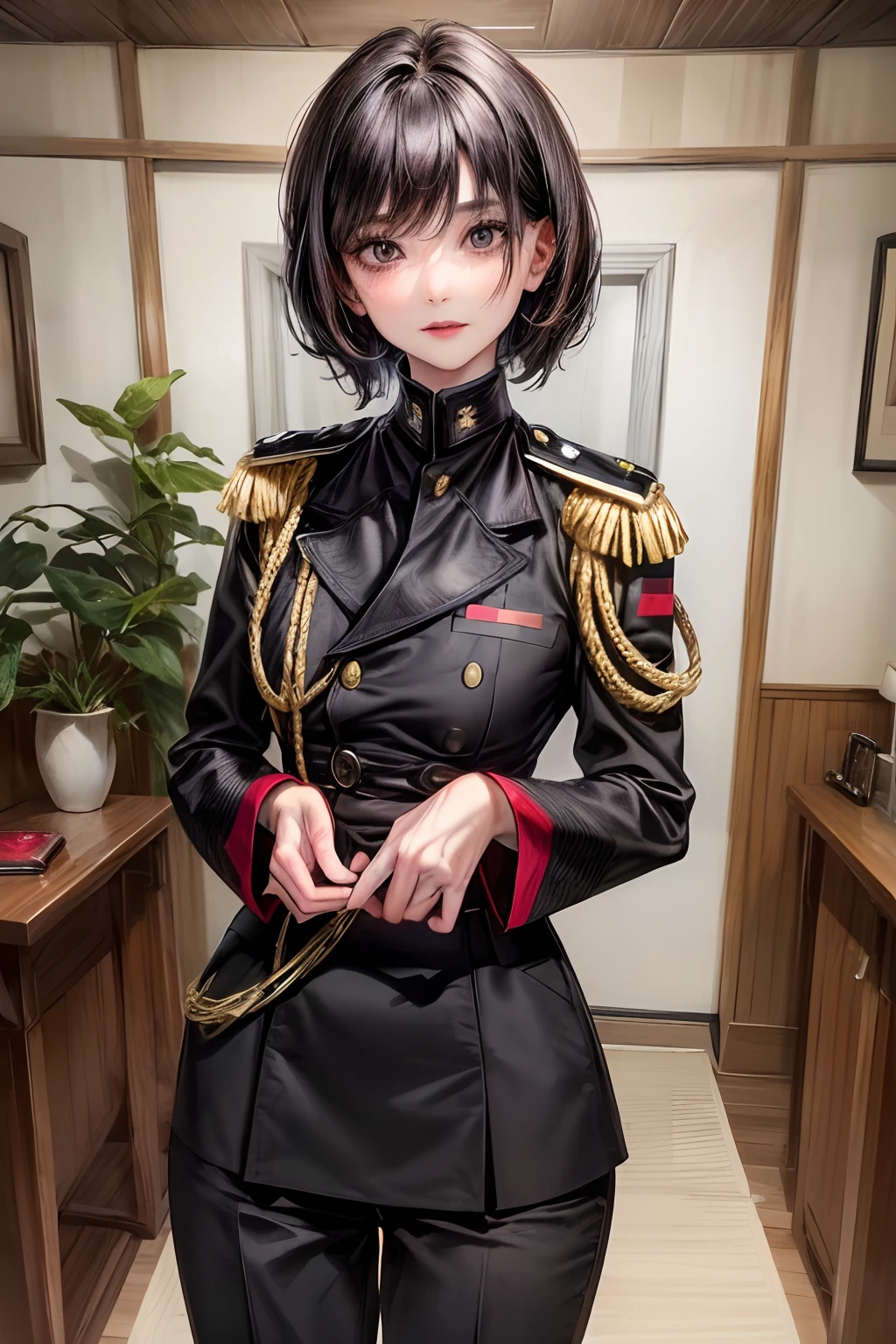 (highest resolution, distinct_image) The best quality, a woman, masterpiece, highly detailed, semi realistic, black short hair, black hair, bangs, black eyes, 21 years old, shoulder length hair, mature, red lips, black clothes, black uniforms, military uniforms, military academies, beautiful, heroic, heroic, indoor background, delicate facial features, delicate facial features