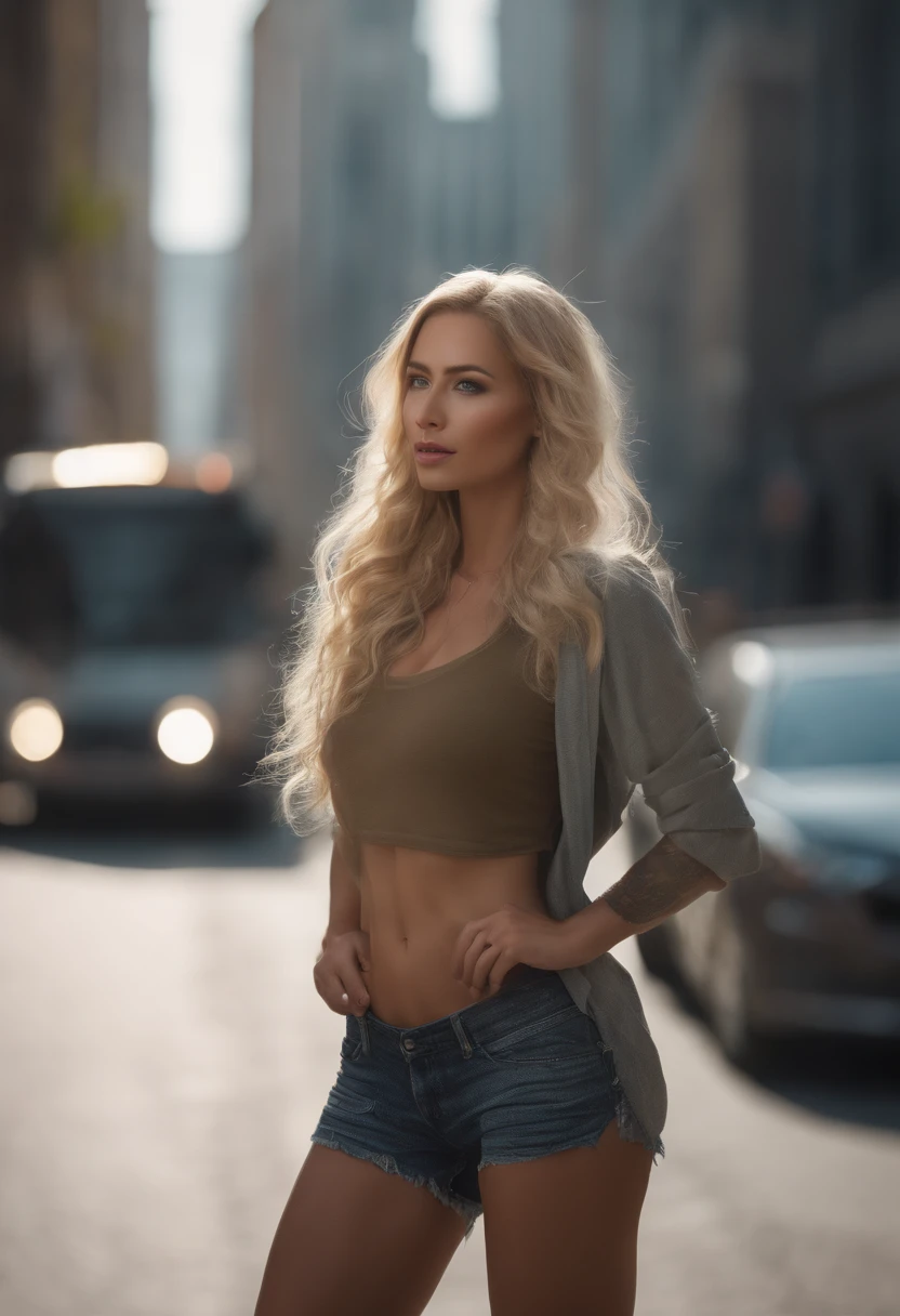 gorgeous woman with extra long wavy blonde hair, detailed alluring eyes, long sexy legs, wearing tiny shorts, t-shirt, ((detailed facial features)), (finely detailed skin), pale skin, realistic skin texture, extreme skin details, (pores:0.1), in the background beautiful futuristic cyberpunk city, best quality masterpiece, photorealistic, hyperrealistic, detailed, 8k, HDR, (Soft color: 1.2), shallow depth of field, broad light, high contrast, backlighting, bloom, light sparkles, chromatic aberration, sharp focus, RAW color photo