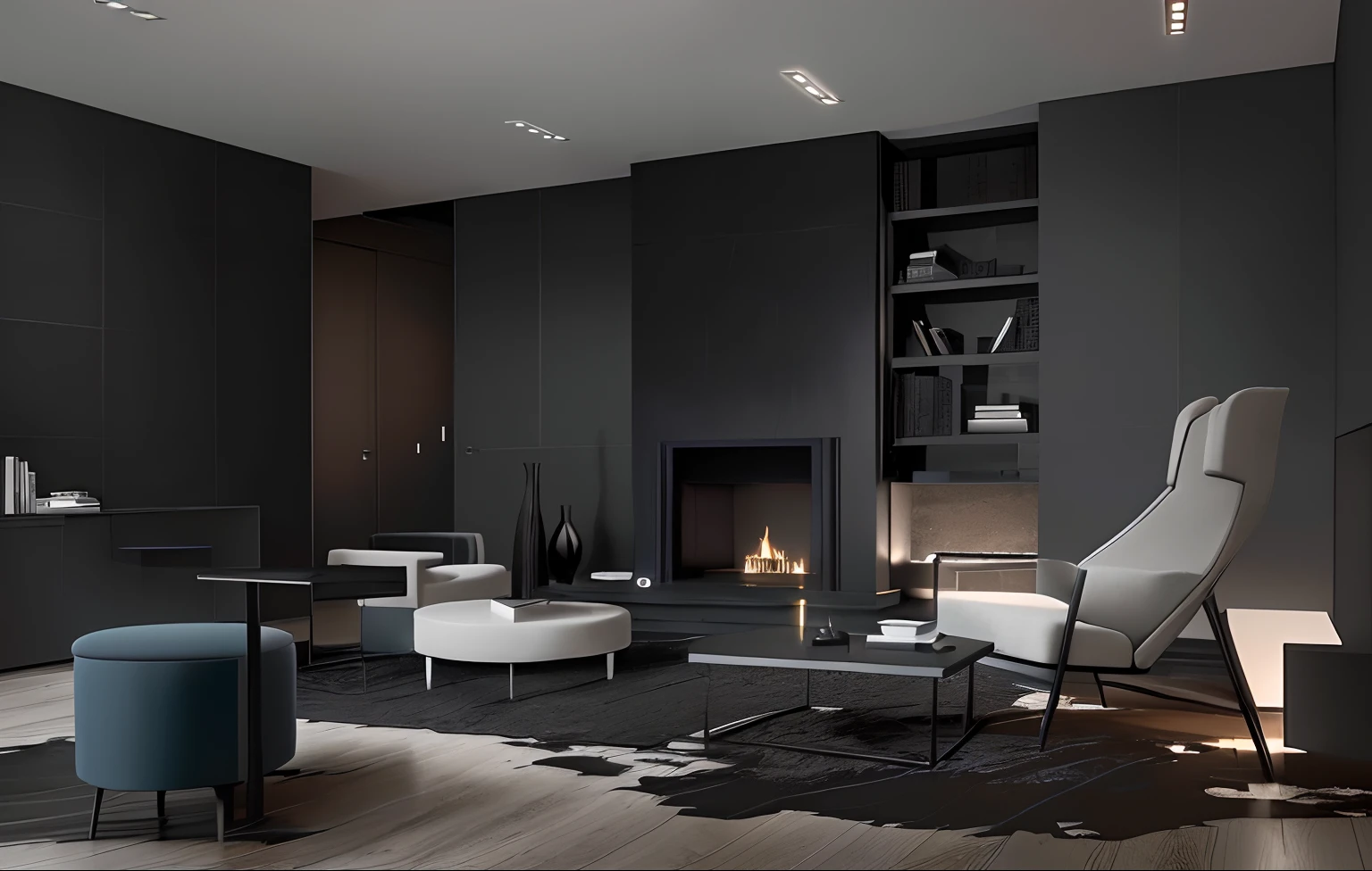 Room with fireplace with chairs and table。, dark and modern, inspired by Emilio Grau Sala, award-winning details”, award - winning details ”, elegant minimalism, Inspiration, Dark slate gray walls, Moody feelings, eora, minimal modern, Dark interior, Moody atmosphere, rich details​, inspired by Antonio Rotta, harmony black room