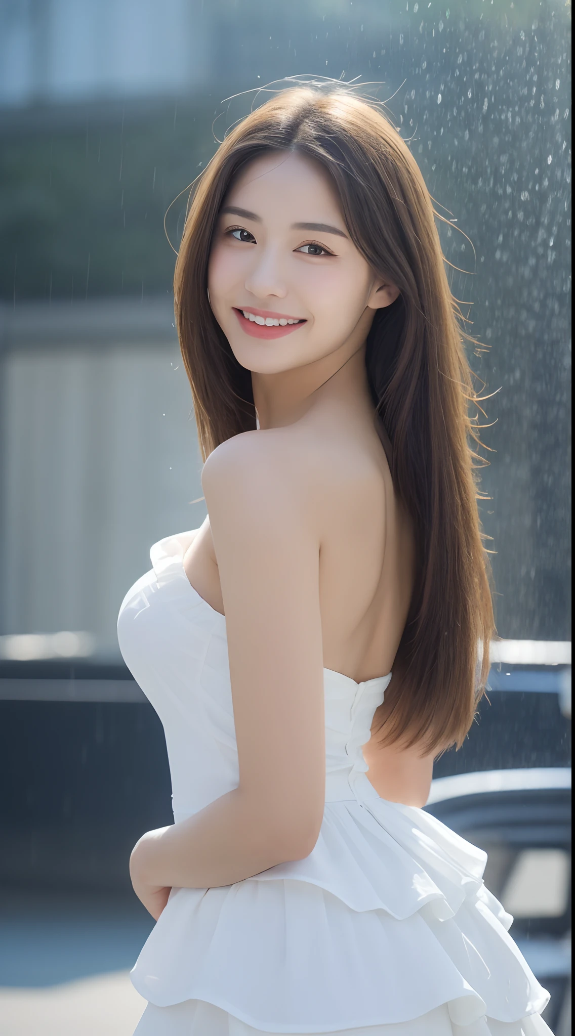 ((Best Quality, 8k, Masterpiece: 1.3)), Focus: 1.2, Perfect Body Beauty: 1.4, Buttocks: 1.2, ((Layered Haircut, Breasts: 1.2)), (Rain, Street:1.3), Bandeau Dress: 1.1, Highly Detailed Face and Skin Texture, Fine Eyes, Double Eyelids, Whitened Skin, Long Hair, (Shut Up: 1.3), Smile, Under Blue Sky and White Clouds, on the Vast Meadow
