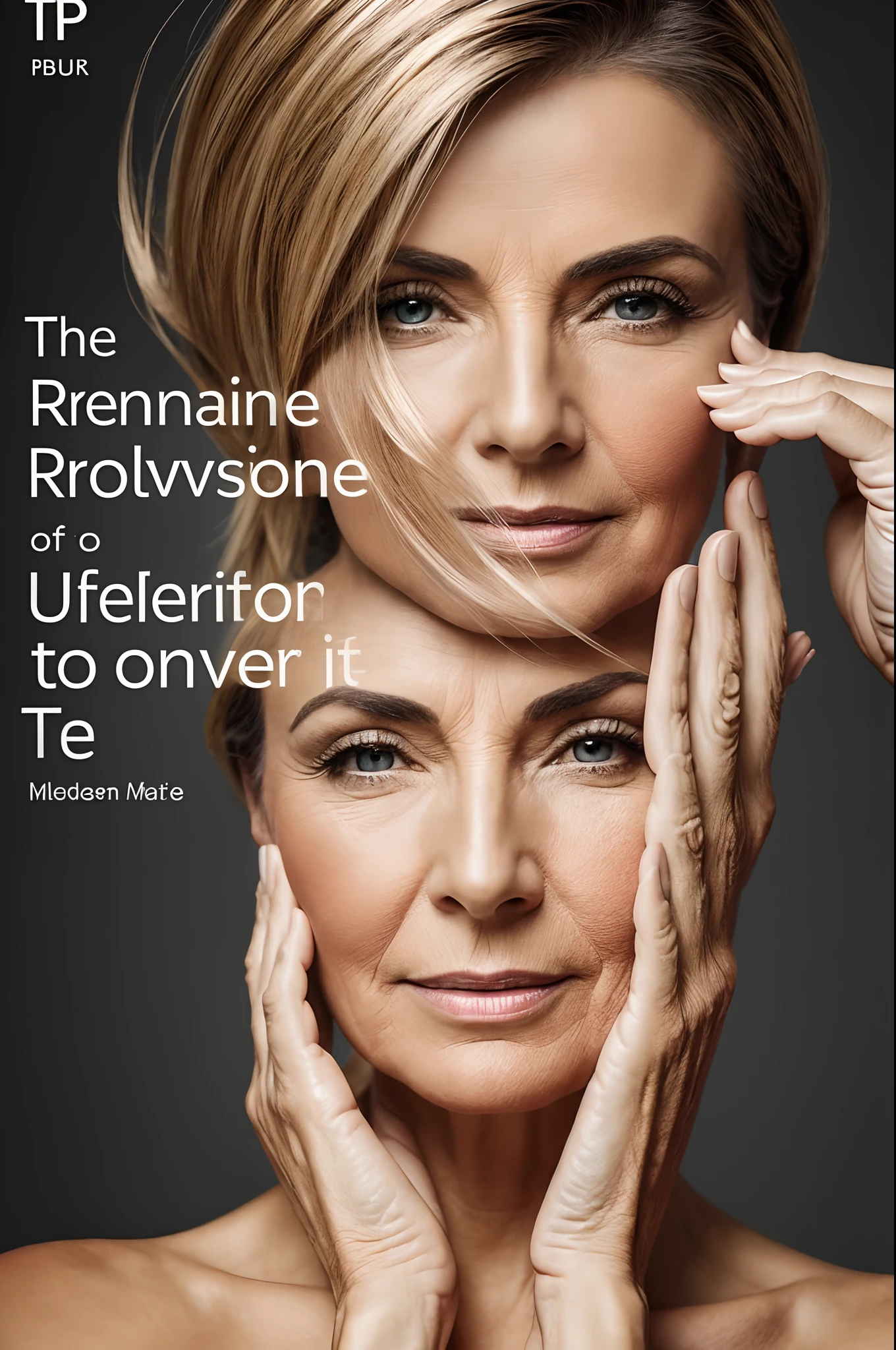 Please create an ebook cover featuring a mature woman. She should be portrayed with a somewhat serious expression and her hand gently touching her cheek, fingers tracing the lines. The cover should exude an air of sophistication with a black and gold color scheme. This woman should represent the 'before' stage, showcasing visible signs of aging. The title of the ebook is 'Transformation Through Serum: A Tale of Renewal.' Ensure the image captures the realism and detail of the 'before' phase. Use modern, elegant fonts for the title and the author's name, placing them strategically on the cover. This cover should clearly convey the concept of rejuvenation, transformation, and renewal.