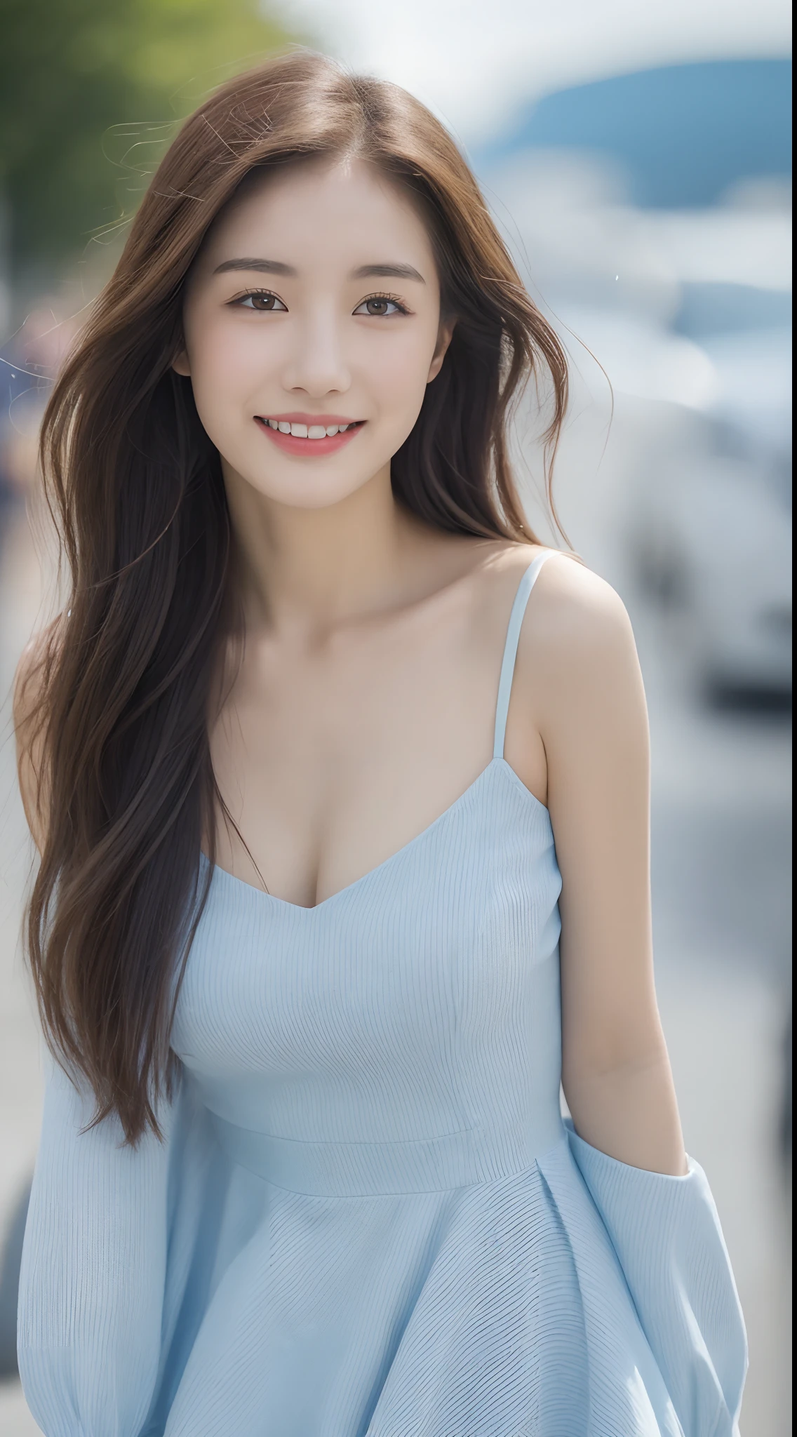 ((Best Quality, 8k, Masterpiece:1.3)), Focus: 1.2, Perfect Body Beauty: 1.4, Buttocks: 1.2, ((Long Hair)), (Wet Clothes: 1.1) , (Rain, Street:1.3), Bandeau Dress: 1.1, Highly Detailed Face and Skin Texture, Detailed Eyes, Double Eyelids, Whitened Skin, Smile, Big Breasts