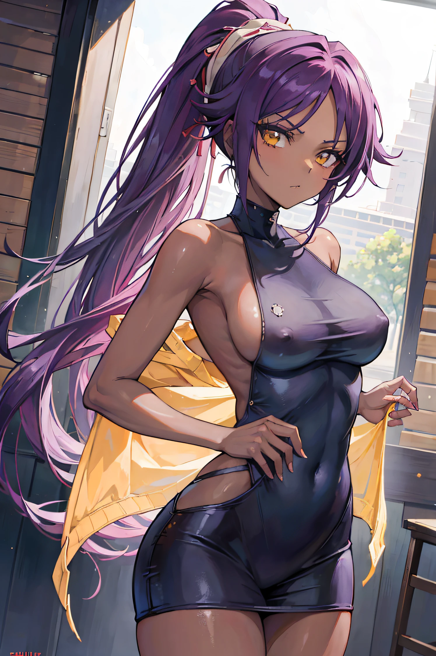 (masterpiece, best quality:1.2), cowboy shot, solo, 1girl, yoruichi shihouin, dark skin, sexy, NSFW, virgin killer sweater, revealing outfit, open back, sexy back, sleeveless, minimal clothing, ponytail, beautiful, wardrobe malfunction, absurdres, high res, ultrasharp, 8k, masterpiece