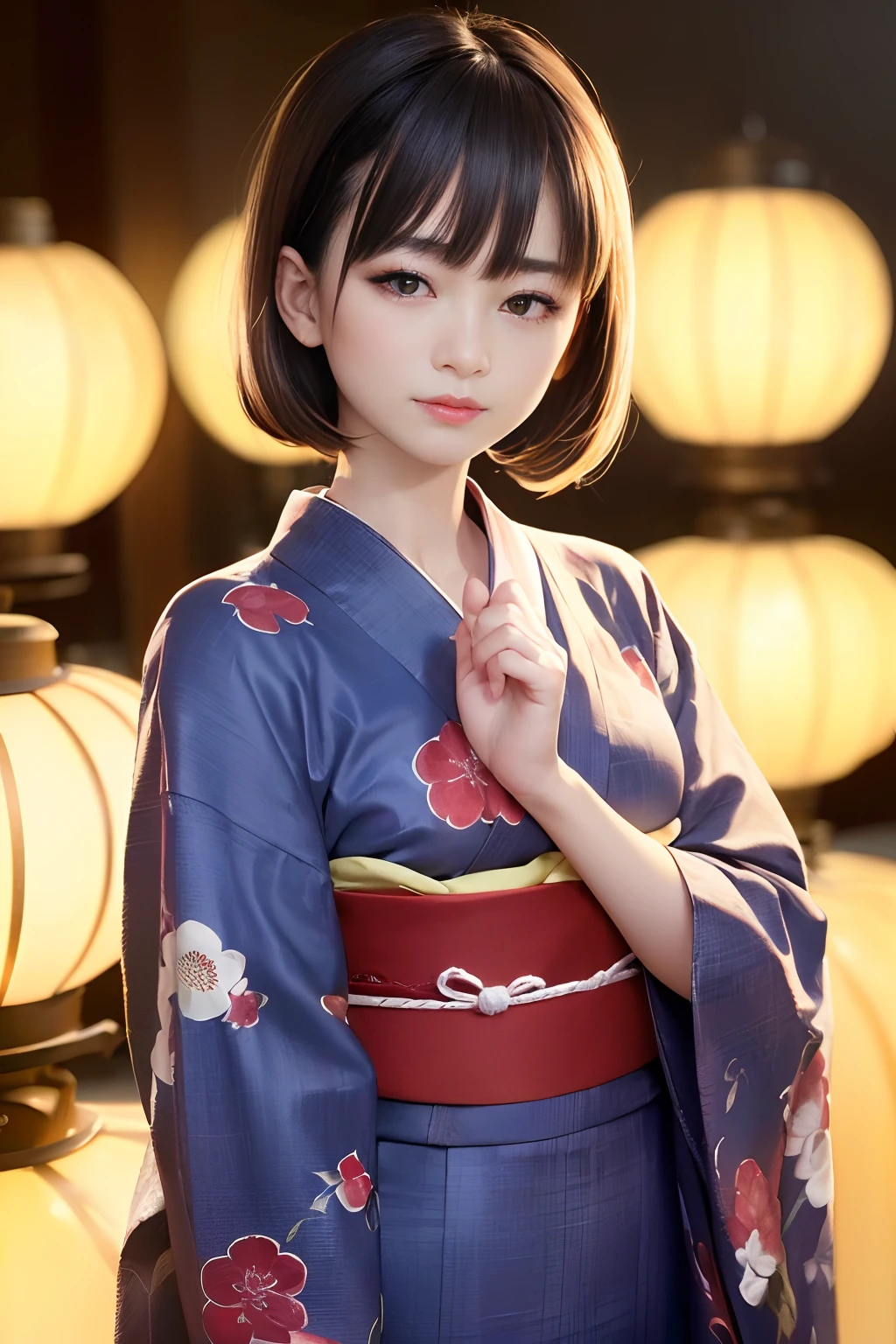 Upper body from the waist up、Are sleeping、nap、(Sleeping with your eyes closed)、(4In K、masterpiece、hight resolution、Realistic and beautiful light and shadow、One girl、Solo Focus、(top-quality)、(Hi-Res)、(extremely delicate and beautiful)、(Beautiful 8k face)、(Brown-eyed)、(I close my eyes while smiling.)、(独奏)、(Clear skin)、(Soft hair)、(hugetits)、(Plaid kimono, Red and blue floral yukata)、((Awa Odori Pose))、((Bokeh lantern light night background))、((speedo))、(reality)、thin and small nose、(red lipsticks)、(Reddening cheeks)、poneyTail、(Lustrous skin)、((Ukiyo-e style))、Ultra-thin eyebrows、Ultra high image quality、(Wearing maiko-style makeup)、skin whitening、long and beautiful lashes、Turning around in the style of a Kyoto magazine model、((s asleep))、Lustrous skin、(Red-dyed cheeks)