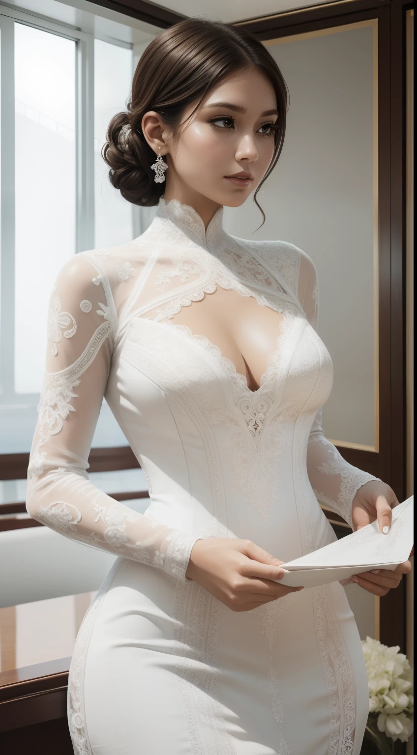 a close up of a woman in a white bodysuit on a boat, intricate white dress, intricate dress, dressed in white intricate lace, intricate body, intricate outfit, intricate fantasy dress, luxury dress, an intricate dress, intricate detailed dress, extravagant dress, intricate and detailed lace set, intricate gown, captivating and enticing, white lace, intricate clothes