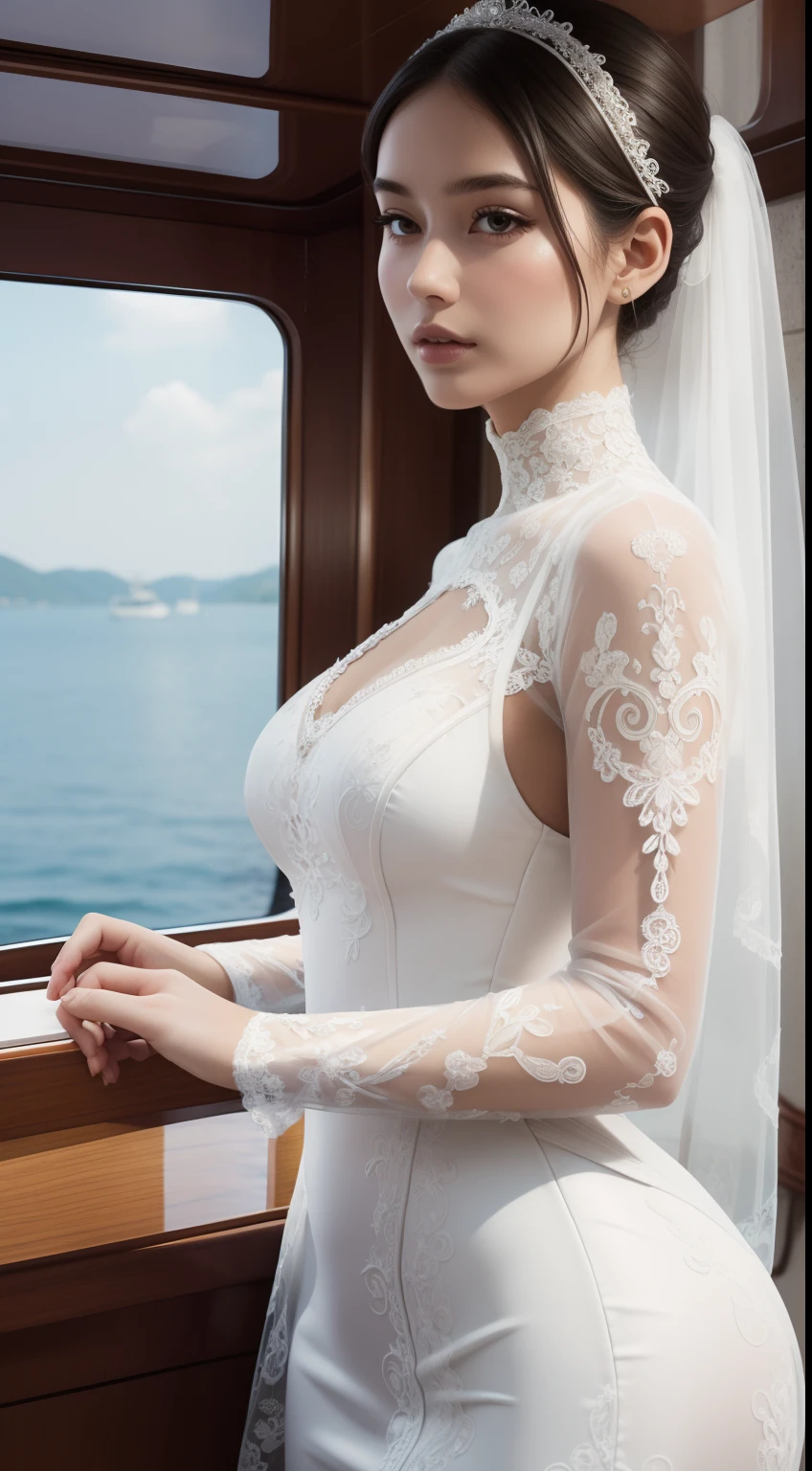 (Masterpiece:1.2, Best quality), Realistic, (Real picture, Intricate details, Depth of field,High neck clothes), parted lip, highly detailed, Perfect face, Perfect body, Large models, Mature woman, Tall, Long legs,
restraint by the ocean with beautify background