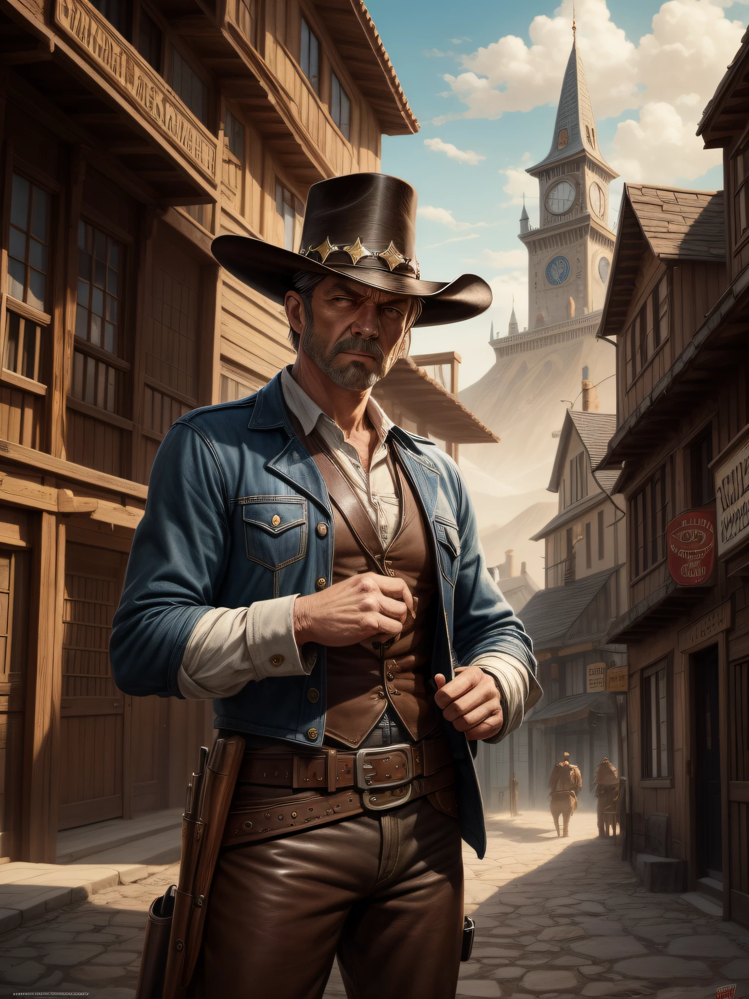 Professional character art of Lucky Luke the Sheriff guards the town's gate at the wild west world, masterpiece digital artwork of D'Albert Uderzo, detailed face, insanely detailed and intricate, ultra sharp, ultra high resolution, UHD, 32 k
