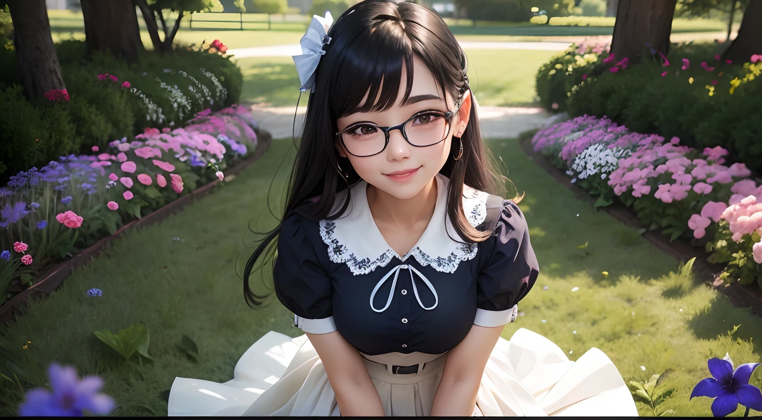 smiling, wearing earrings, dark blue skirt, white short-sleeved shirt,