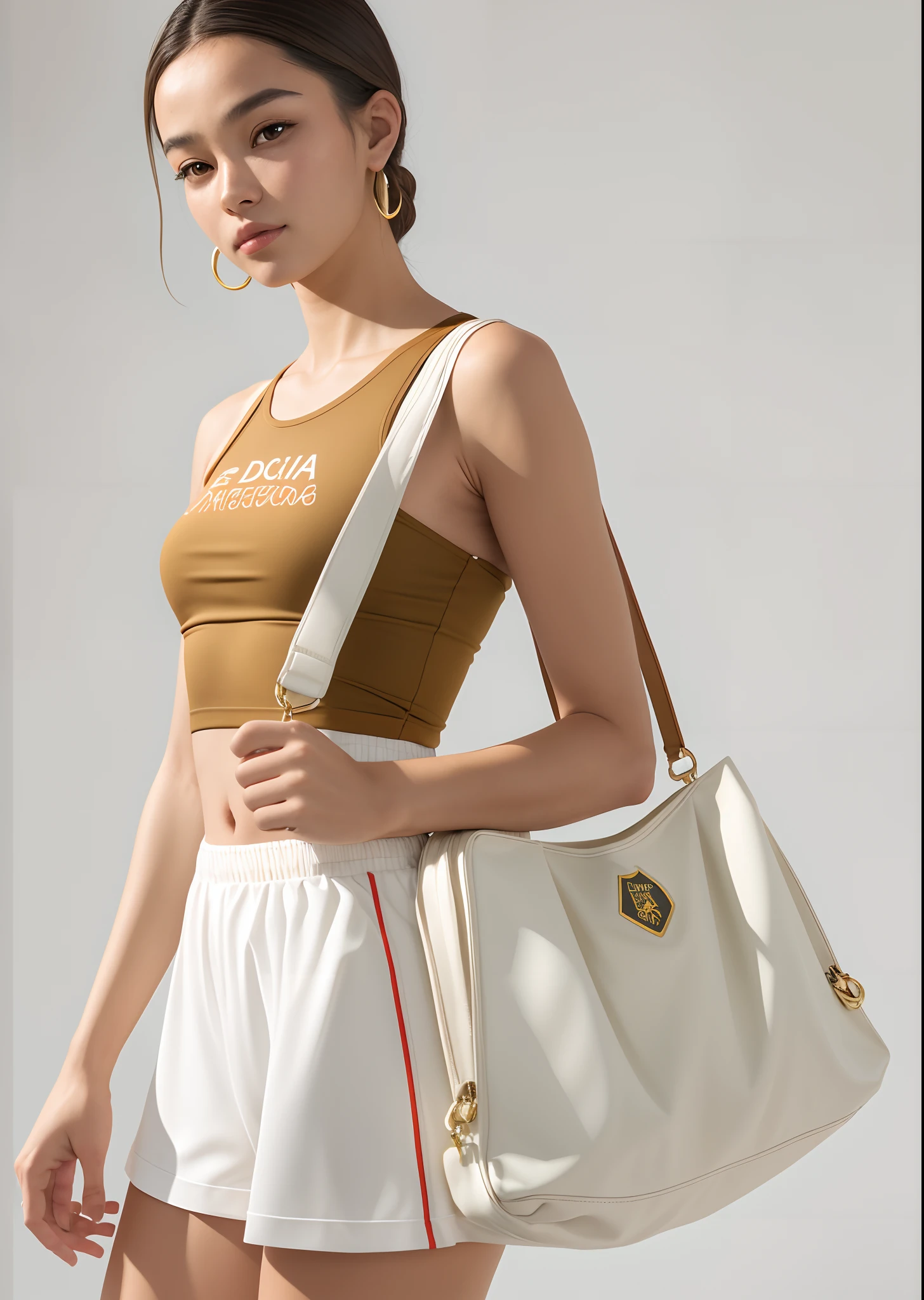 mulher de araffe em um top marrom e shorts bronzeados segurando uma bolsa esportiva branca, Sacos esportivos, cheio de detalhes, saco sobre a cintura, 🤬 🤮 💕 🎀, EORA, com pano de fundo de luz natural, Yulia Nevskaia, roupas esportivas, com dois bolsos frontais, foco em corpo inteiro, flexible look, Directed by: Liao Chi-chun, fotografia realista, fotografia, obra-prima, realista, Realismo, renderizado, Alto contraste, Arte Digital, fotográficorealista, trend in Artstation 8k HD, high definiton, circunstanciado, Realistic, detalhada, textura da pele, hiperdetalhada, Textura realista da pele, melhor qualidade, ultra high-resolution, (fotografia realista: 1.4), alta resolução, detalhada, fotografia crua, Crisp resolution, Nikon d850 filme, fotografia de stock 4, Kodak Portra 400 Camera F1 Lens.6, textura hiper realista, lighting dramatic, Unrealistic trend in Artstation Cinestill 800, RAW.