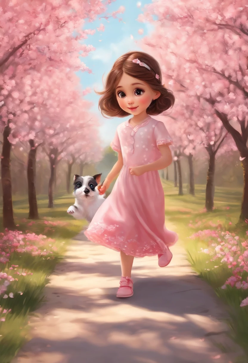 A cute girl with big eyes，With cuteness，The cute puppy is running，The second side of the road is lined with beautiful cherry blossom trees