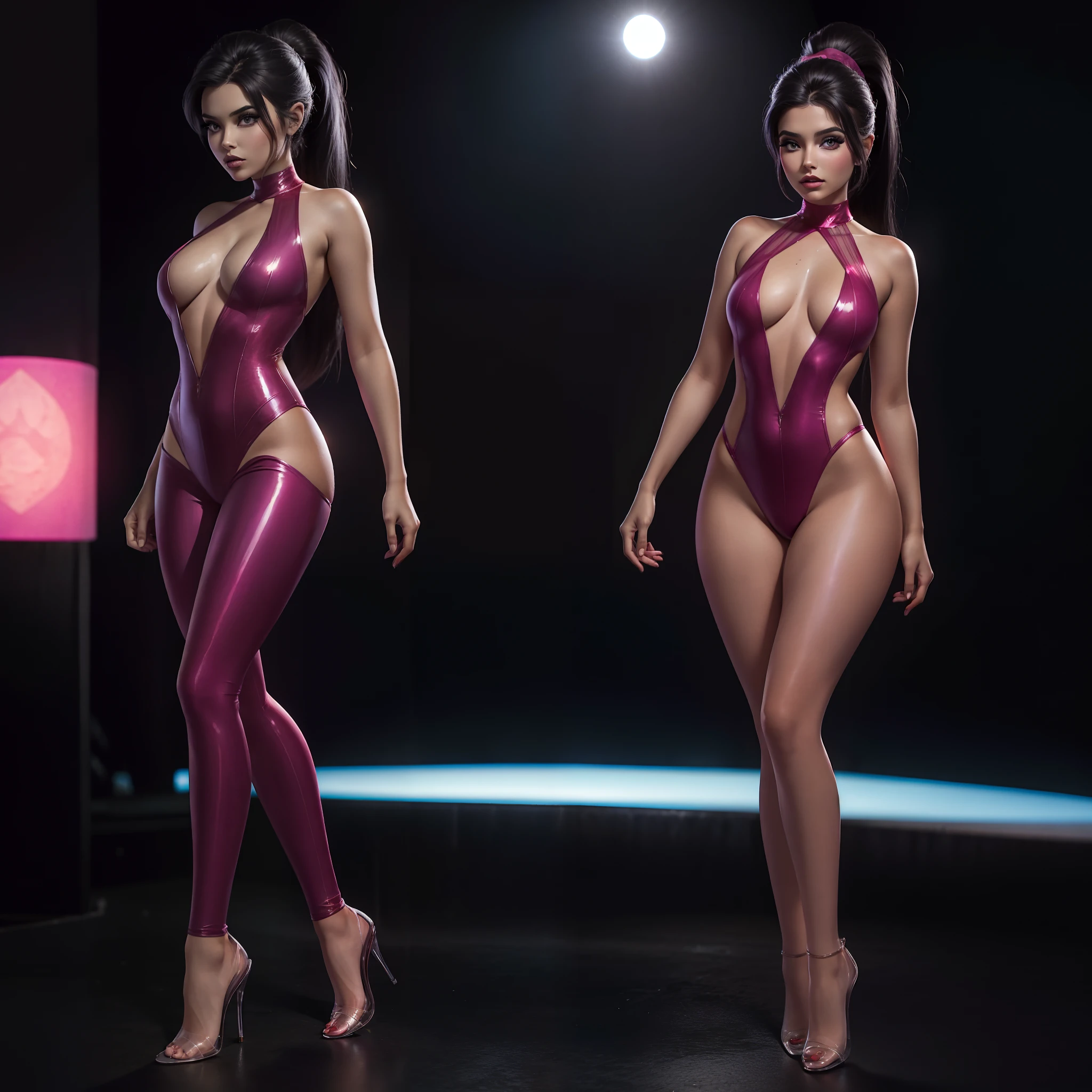hermosa elfa bajo una noche hermosa con fondo neon, vista desde el suelo, vista desde el piso, pechos gigantescos, pechos gigantes, abierta de piernas, dos chicas, pink bodysuit, licra, ropa ajustada transparente, ropa transparente, obra maestra, ponytail, hombros descubiertos, hermosas piernas chicas en pose sexy, muy hermosas, labios rojos, makeup, rubor, ruborizadas, hermosos pechos gigantes, ropa transparente, expuesto, tela transparente, 23-year-old girls.