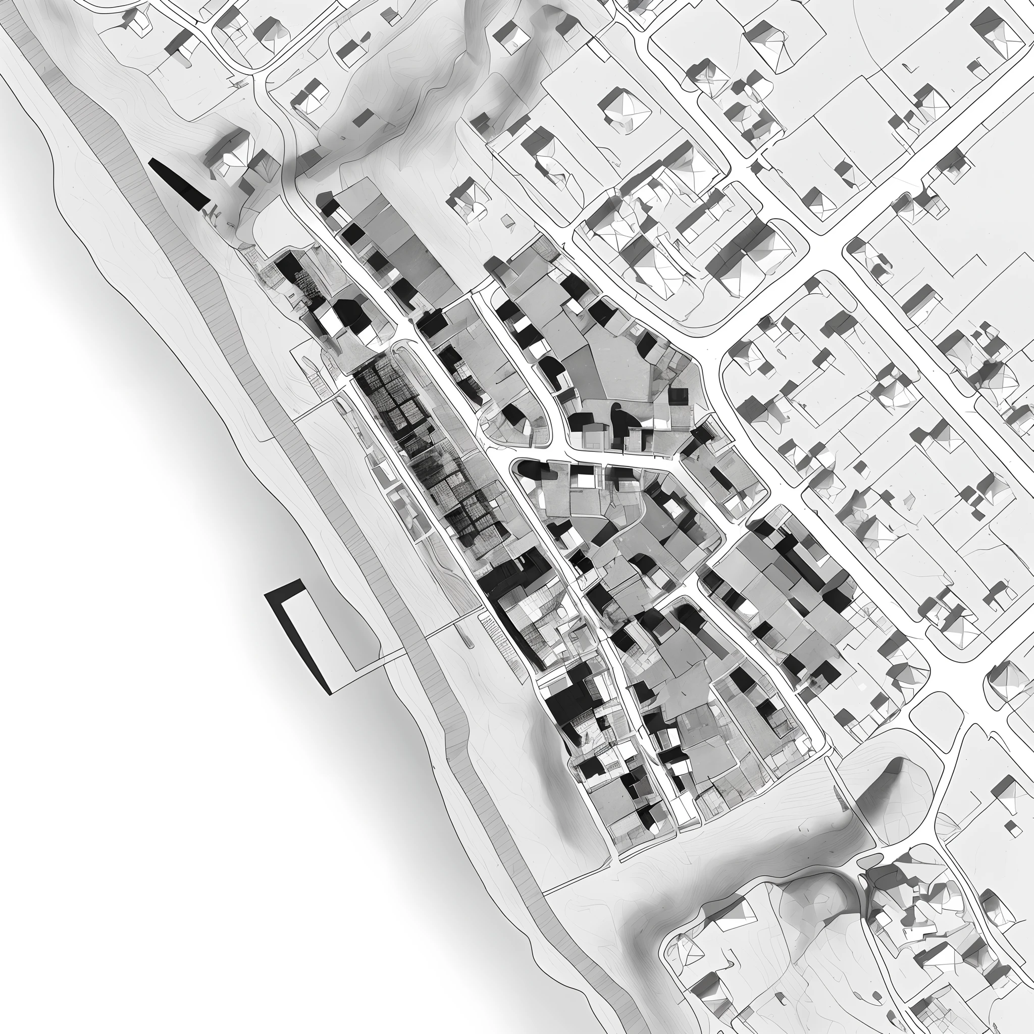 Arafed's view of a city map with a plane flying over, Aerial illustration, Primer plano desde arriba, costero, Bird's - A vista, bird 's-eye view, air perspective, Modelo digital, axonometric, Visto desde arriba, Costa, coastline, aerial, bird 's-eye view, 2 d axonometric overhead view