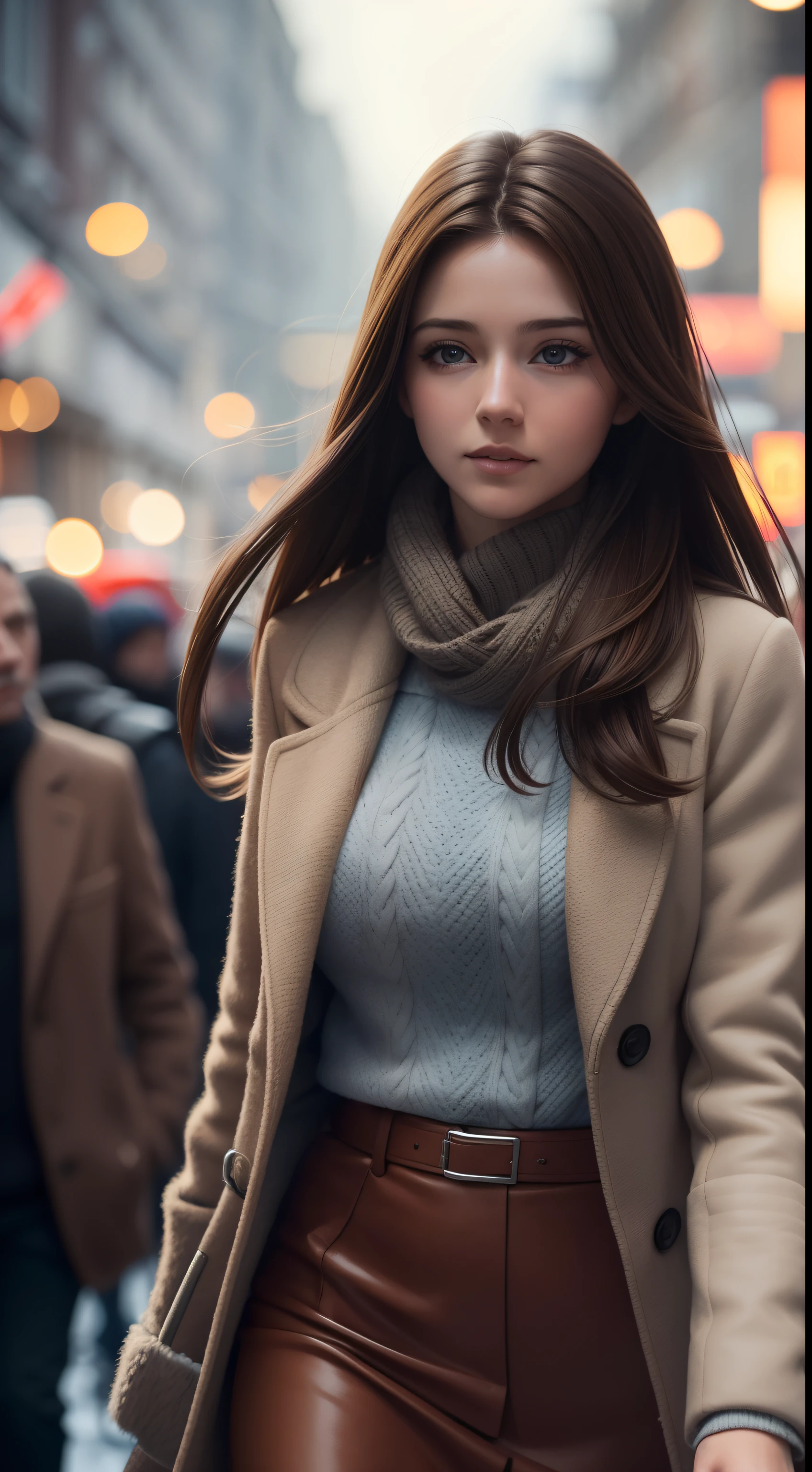 A beautiful woman walking through a crowded street in winter, close up shot, wearing winter clothes, long brown hair, cinematic, volumetric lighting, high quality, 8k, super details, realistic