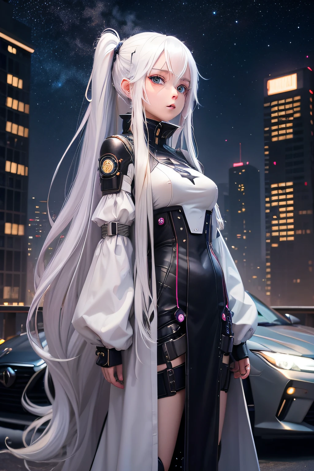 A girl, the anime, Long white hair, stands on the roof, Cyberpunk city, The Starry Night, Sateen, Cyber Demon Mask, full length, There is a car nearby in full view