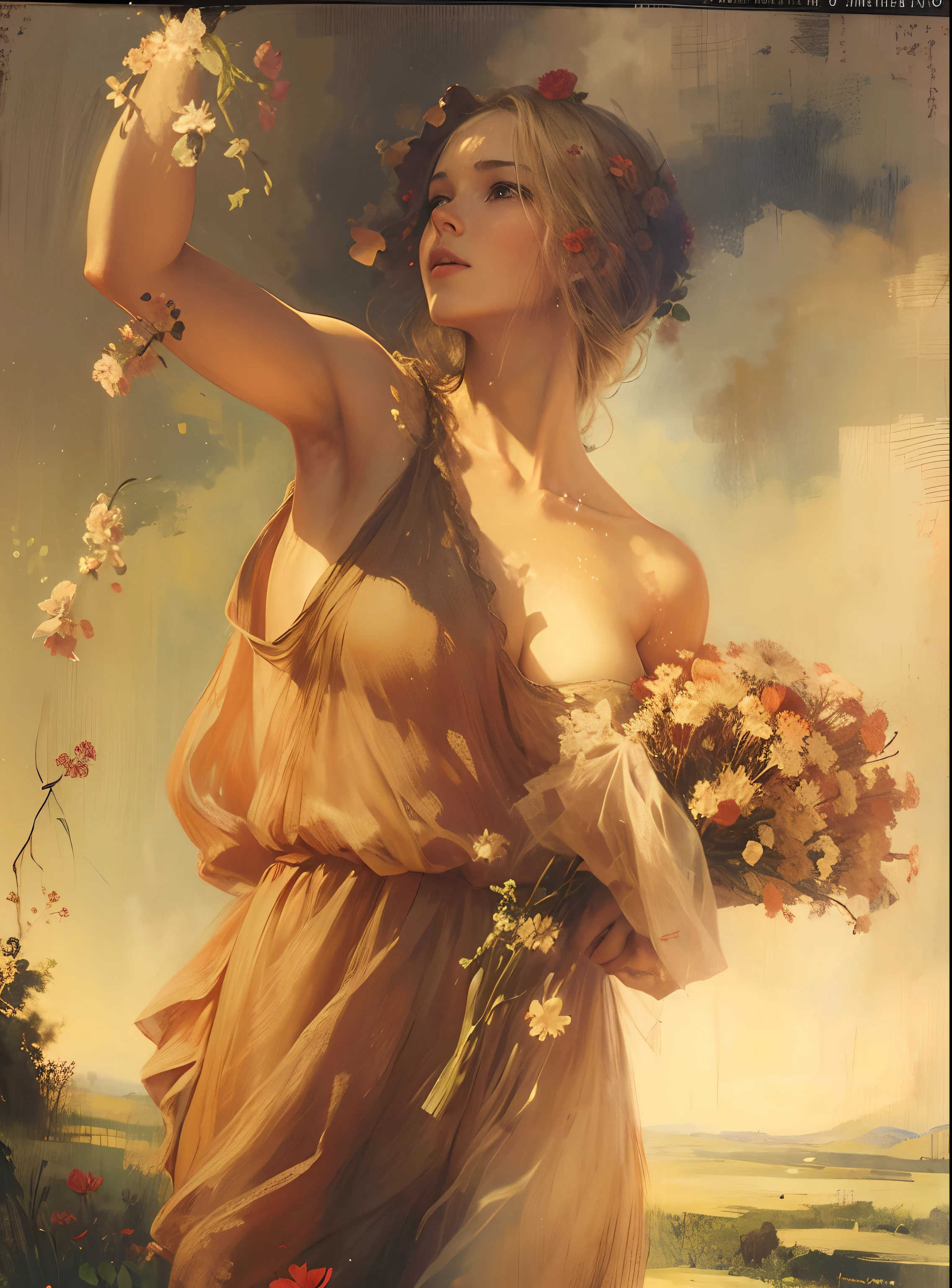 Beautiful blonde woman covered in red cosmos flowers, 8k resolution, artistic style, beautiful detail, Lady with Flowers by Leopold Schmutzler