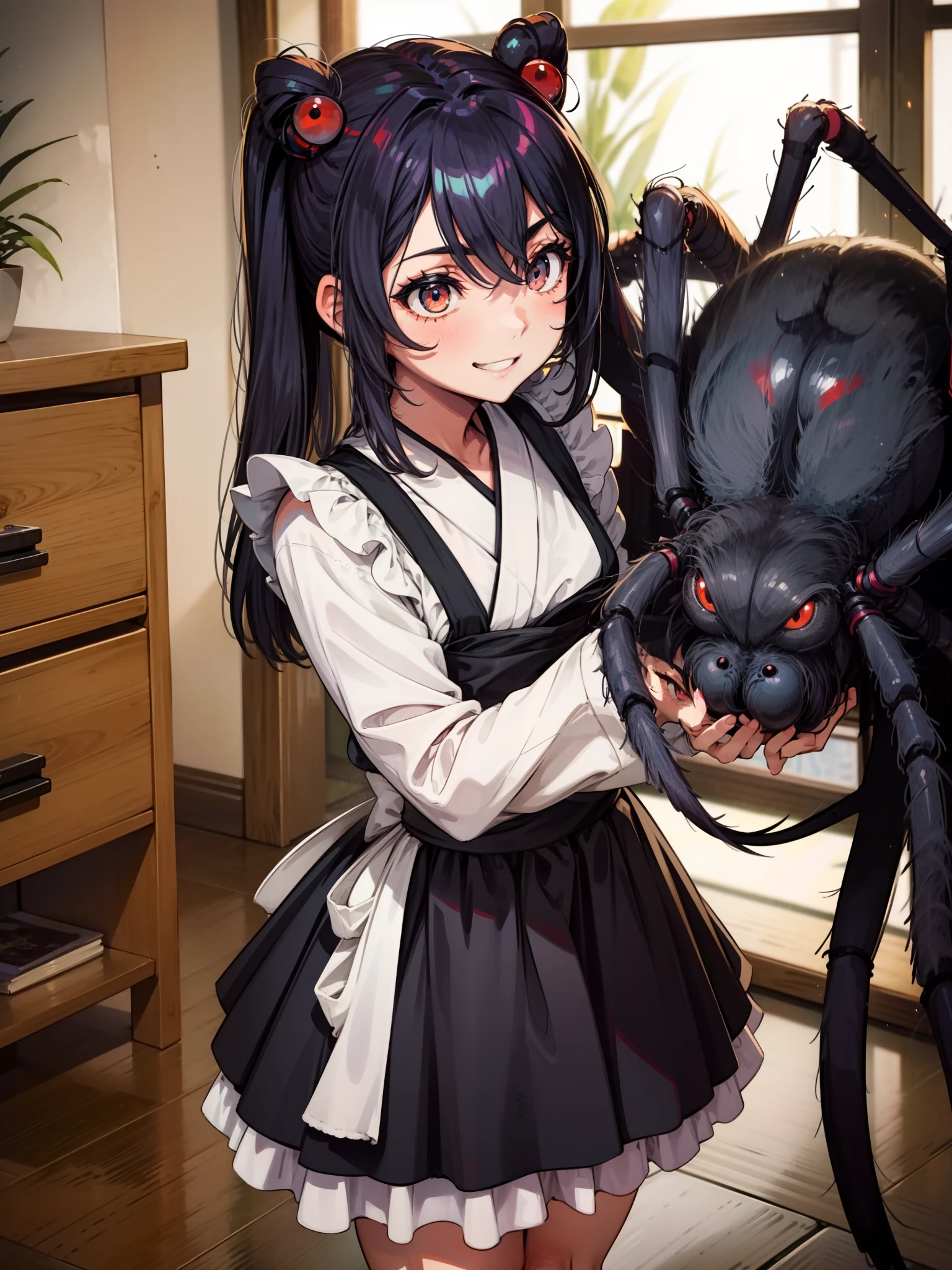 Girl fused with a spider。Japanese style maid clothes。Spider legs extending from the back。Spider eyes on the head。smil。Dark indoor。