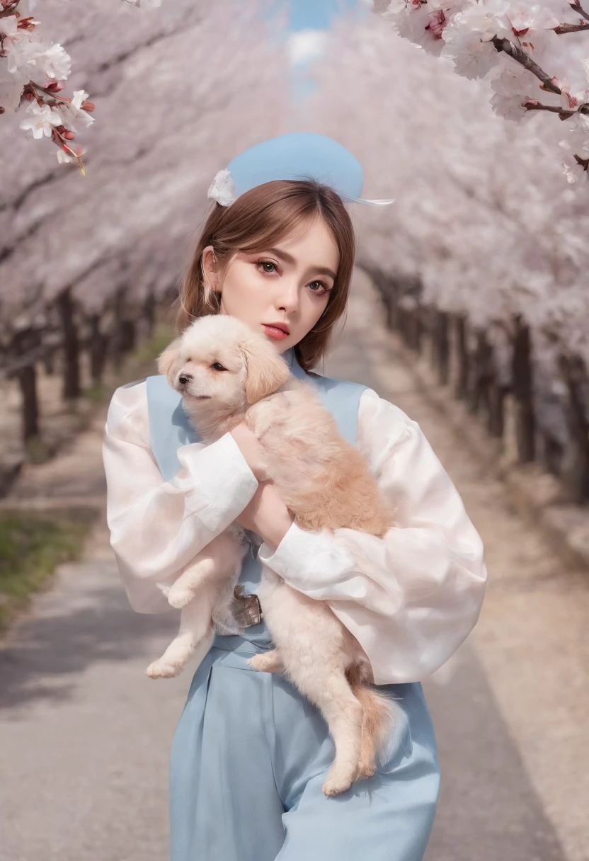 A cute girl with big eyes,The puppy is running,Blue sky and white clouds,On both sides of the road are beautiful cherry blossom trees