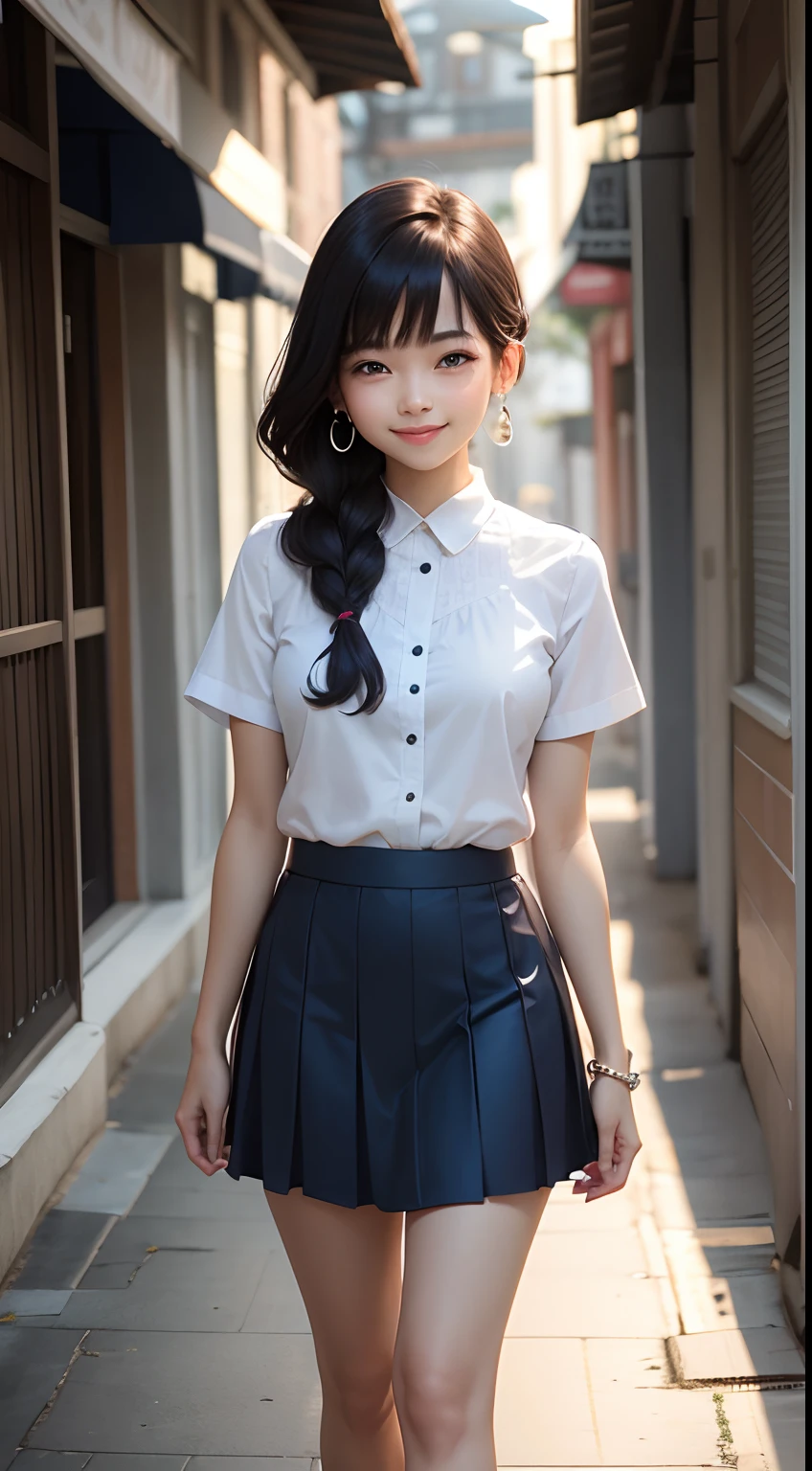 smiling, wearing earrings, dark blue skirt, white short-sleeved shirt,