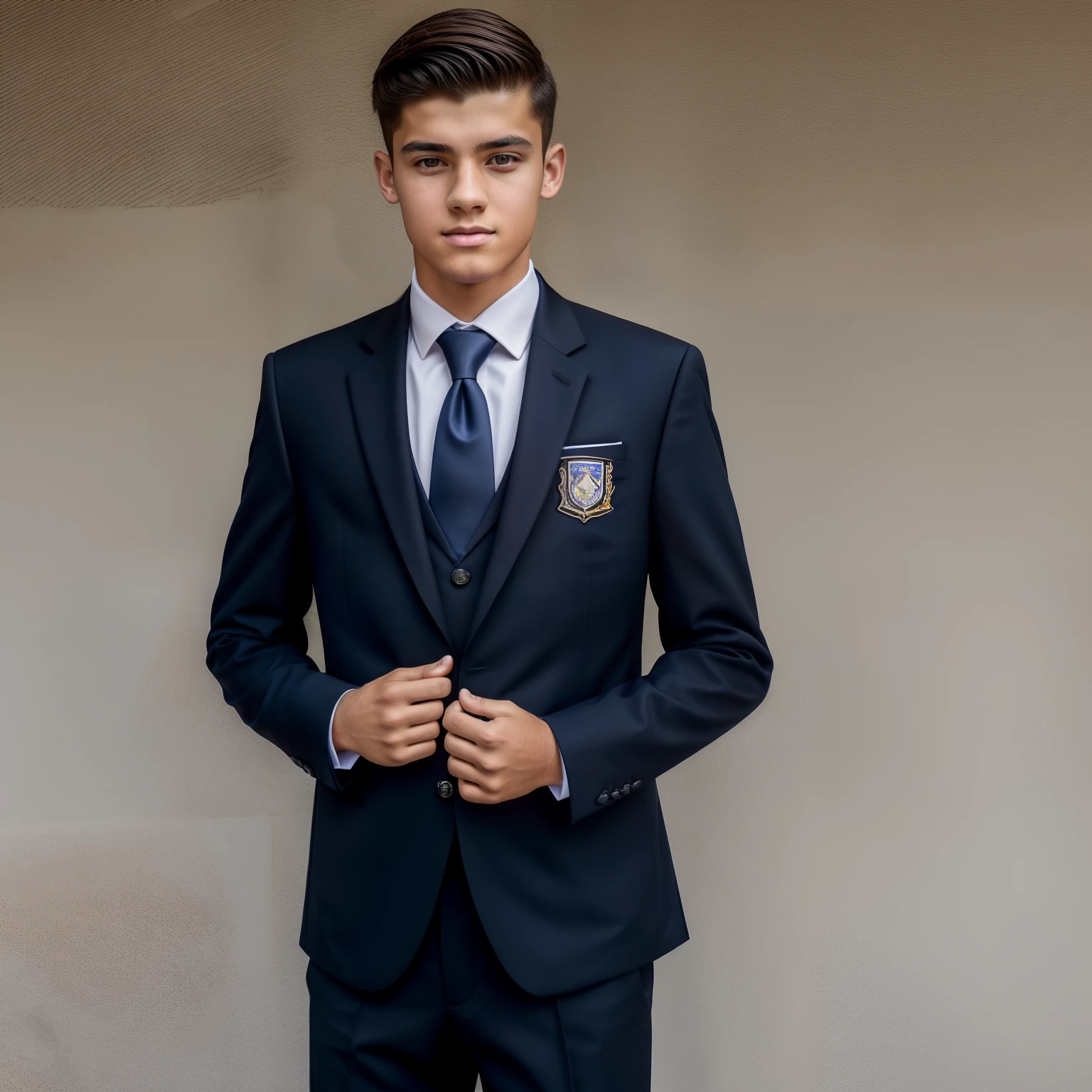 (best quality, Realistic, alto, ultra-detalhado), Teenager in classic male formal school uniform, Black suit with tie adapted for school use with embroidered school coat of arms, fotografia, cores vibrantes, natural lighting, foco nítido, Busy school history
