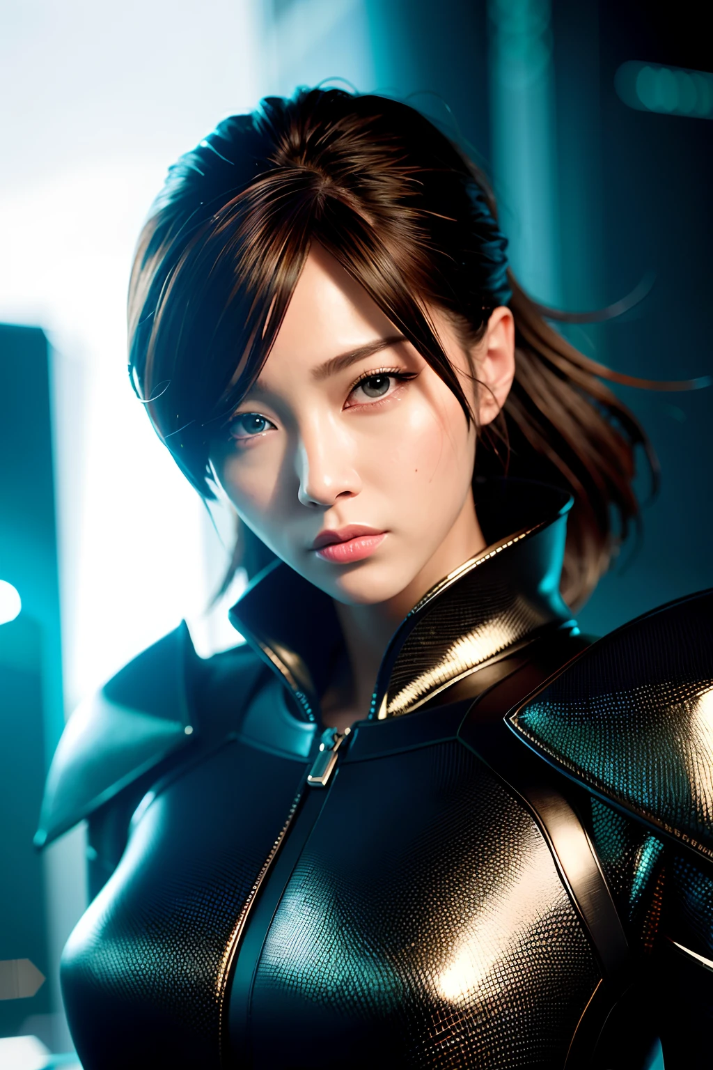 hyper realistic, lifelike texture, dramatic lighting, (best quality:1.1), depth of field, nighttime, in a futuristic cyberpunk city, HDR, shallow depth of field, broad light, high contrast, backlighting, bloom, light sparkles, chromatic aberration, sharp focus, serious expression, leather jacket, lsfchaewon,