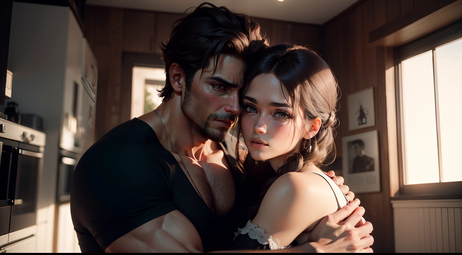 A STOIC COUPLE EMBRACING, MODELO ESTATUAS, MUSCULOSOS, IMAGEM CINEMATOGRAFICA, 8K EM PRETO E BRANCO