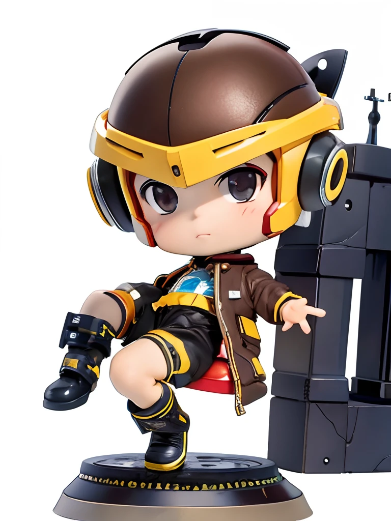 人物: 10 year old boy, Short brown hair, Black eyes, shelmet，Wearing a mechanical jacket with gears and brown boots，Sit on a stone surface，sitting on the stone