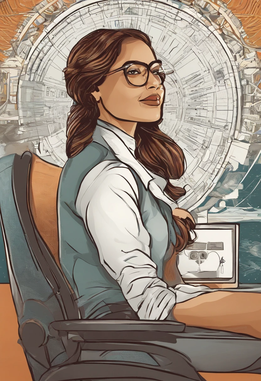 I created a woman who is a programmer , trabalha com tecnologia, em um ambiente cientifico e intergalatico, estudando, ela possui oculos, cabelos grandes pretos, muito inteligente, aspecto tecnologico no ambiente, Feliz, estilo cartoon, estilo logo