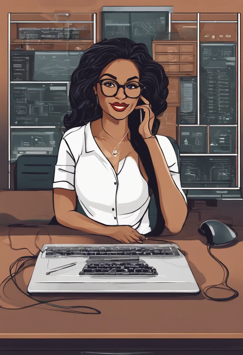 I created a woman who is a programmer , trabalha com tecnologia, em um ambiente cientifico e intergalatico, estudando, ela possui oculos, cabelos grandes pretos, muito inteligente, aspecto tecnologico no ambiente, Feliz, estilo cartoon, estilo logo